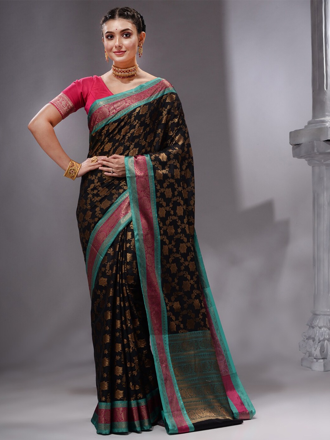 

HOUSE OF BEGUM Black & Pink Woven Design Zari Pure Cotton Banarasi Saree
