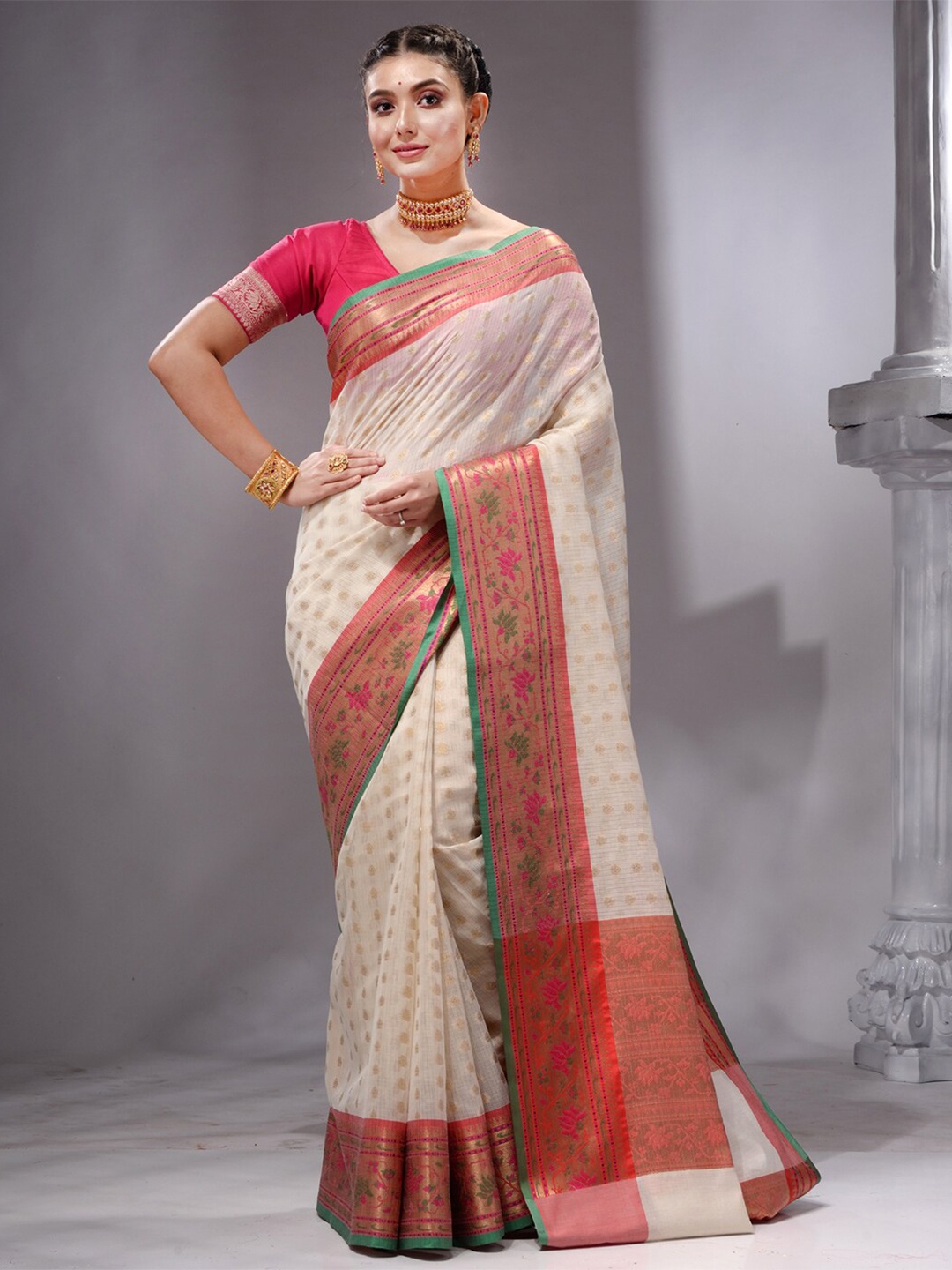 

HOUSE OF BEGUM Ethnic Motifs Woven Design Zari Pure Cotton Banarasi Saree, Beige
