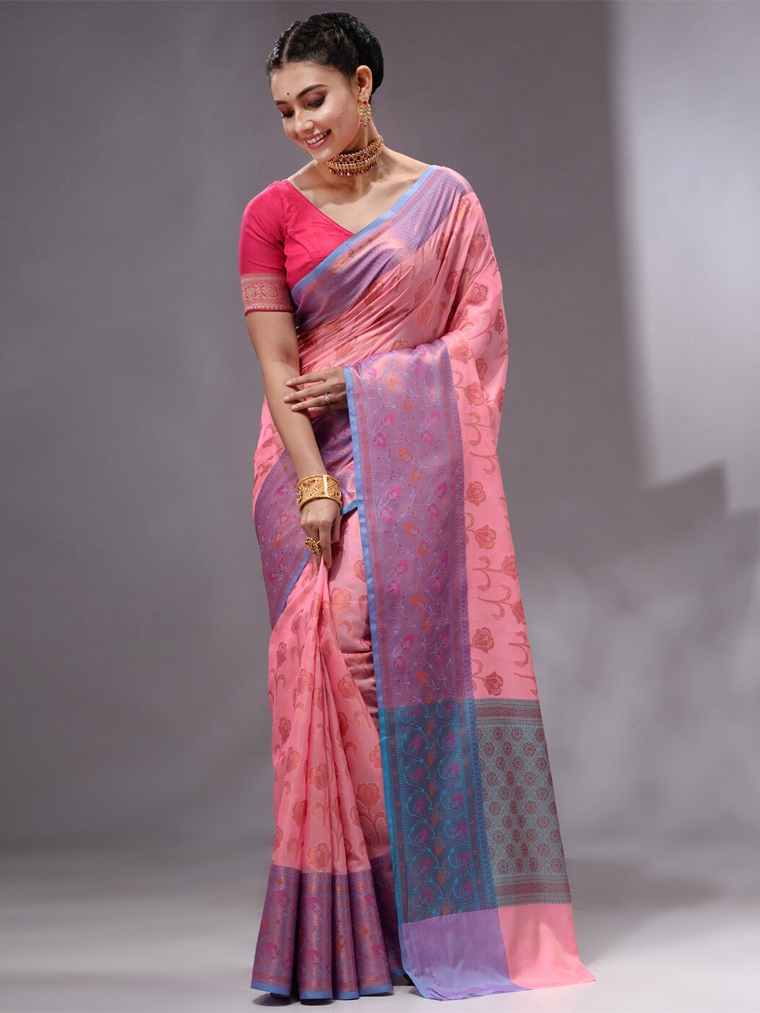 

HOUSE OF BEGUM Floral Woven Design Zari Banarasi Saree, Pink