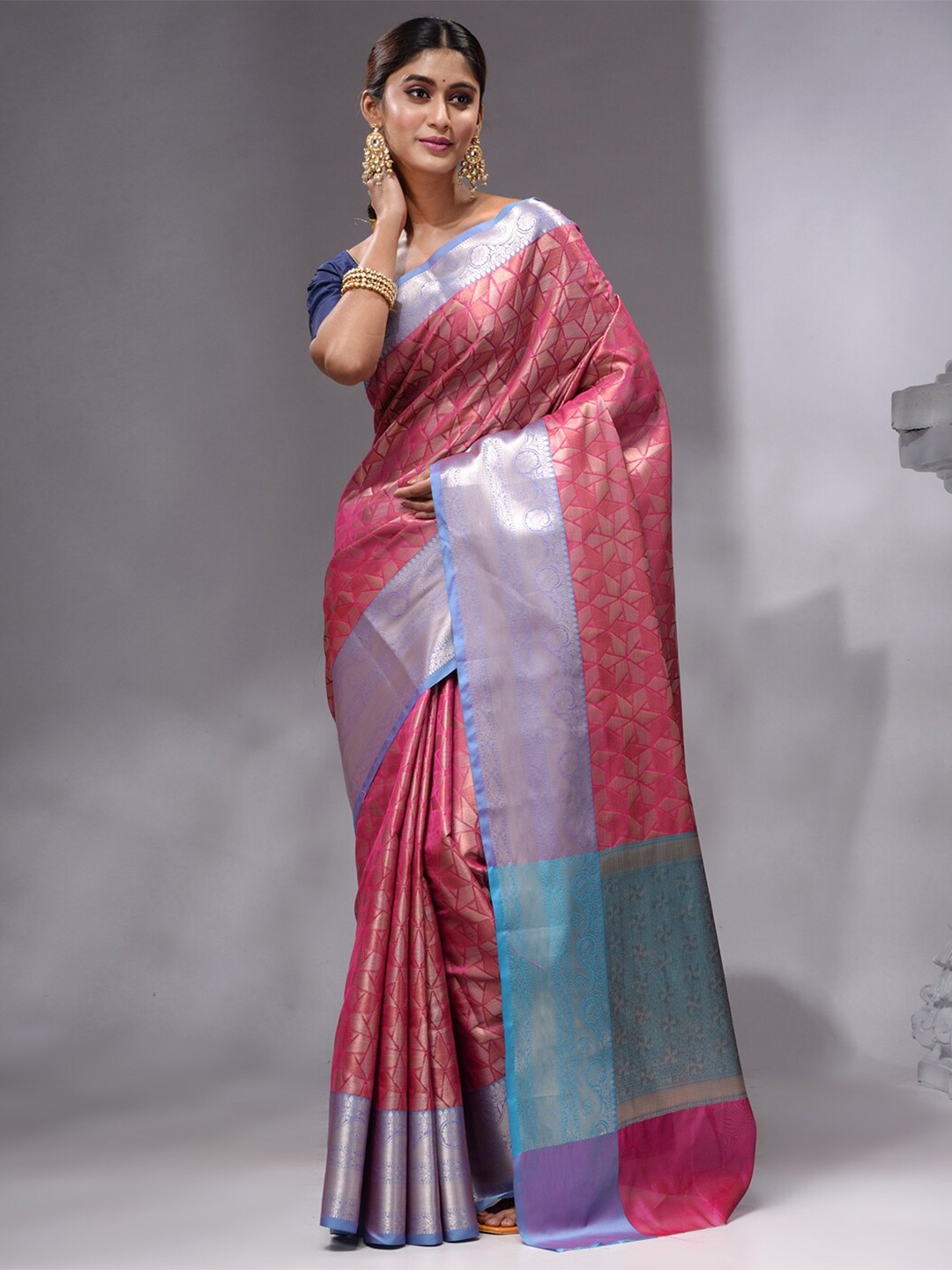 

HOUSE OF BEGUM Woven Design Zari Pure Linen Banarasi Saree, Pink