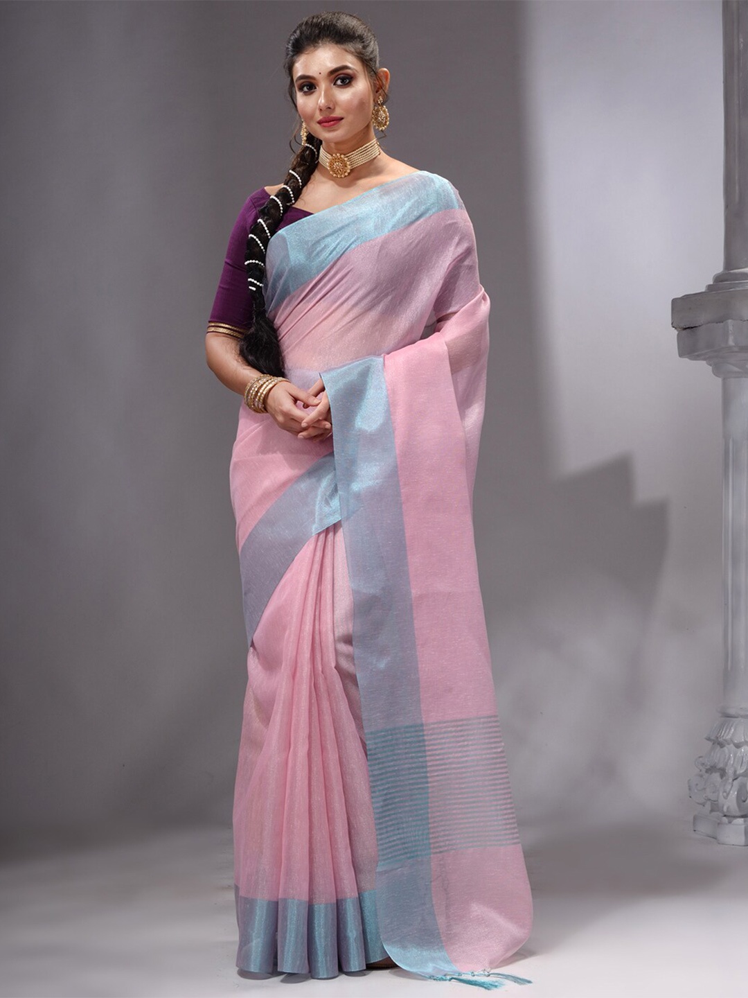 

HOUSE OF BEGUM Pure Linen Banarasi Saree, Pink