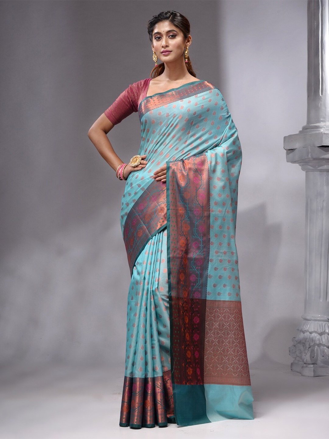 

HOUSE OF BEGUM Ethnic Motifs Woven Design Zari Pure Linen Banarasi Saree, Sea green