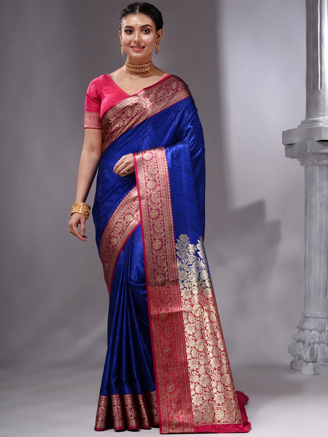 

HOUSE OF BEGUM Woven Design Border Zari Silk Blend Banarasi Saree, Blue