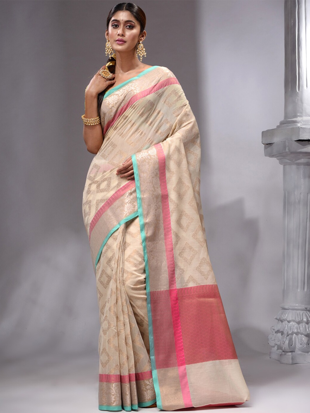 

HOUSE OF BEGUM Ethnic Motifs Woven Design Zari Pure Cotton Banarasi Saree, Beige