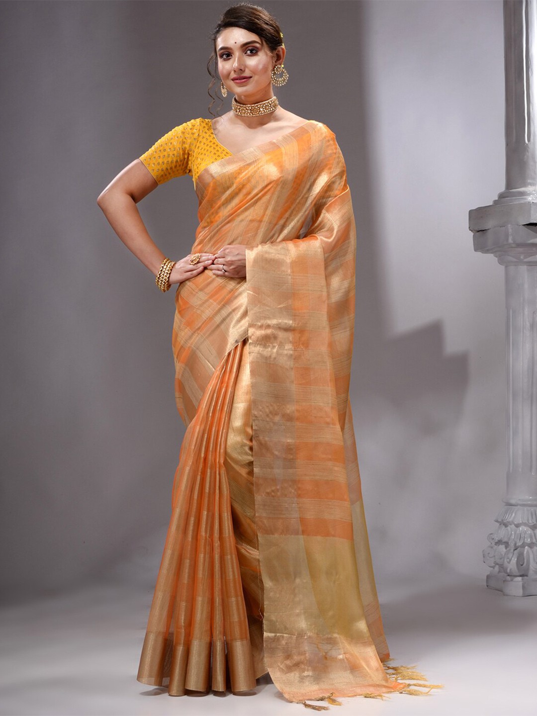 

HOUSE OF BEGUM Striped Zari Pure Linen Banarasi Saree, Mustard