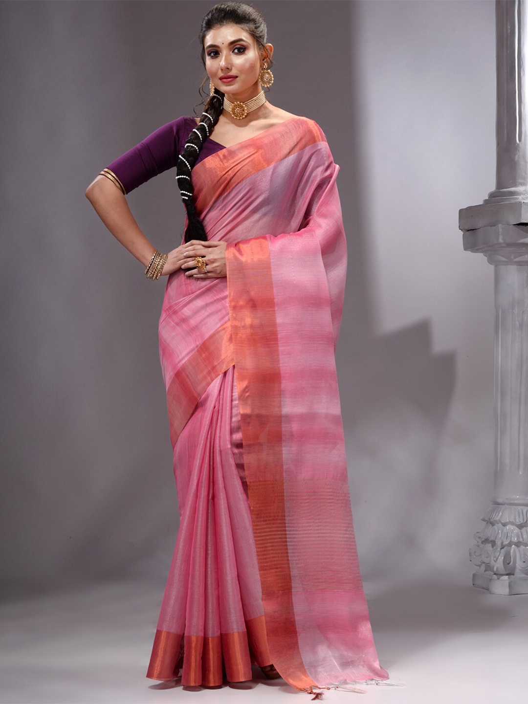 

HOUSE OF BEGUM Pure Linen Banarasi Saree, Pink