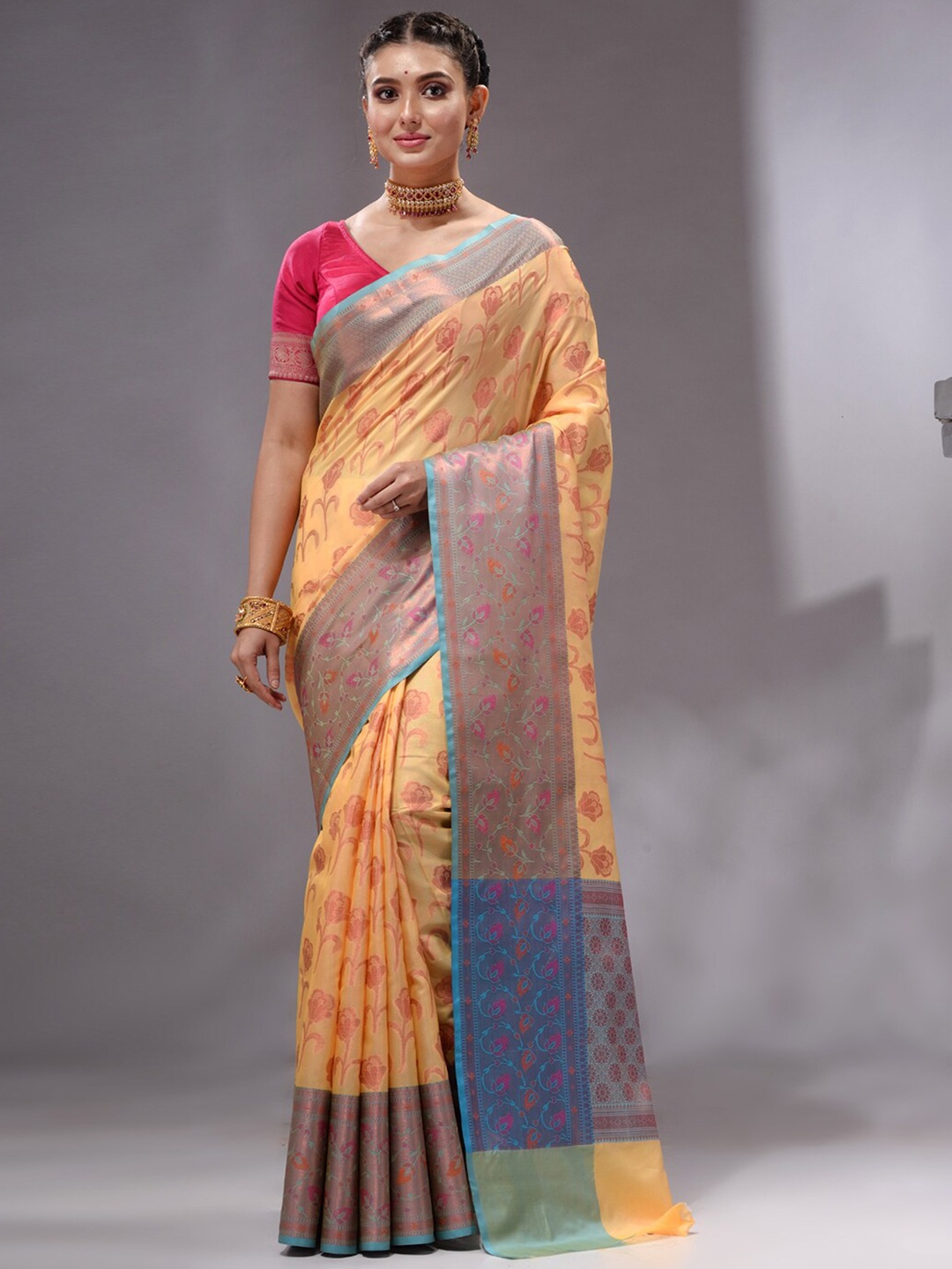 

HOUSE OF BEGUM Floral Woven Design Zari Banarasi Saree, Yellow