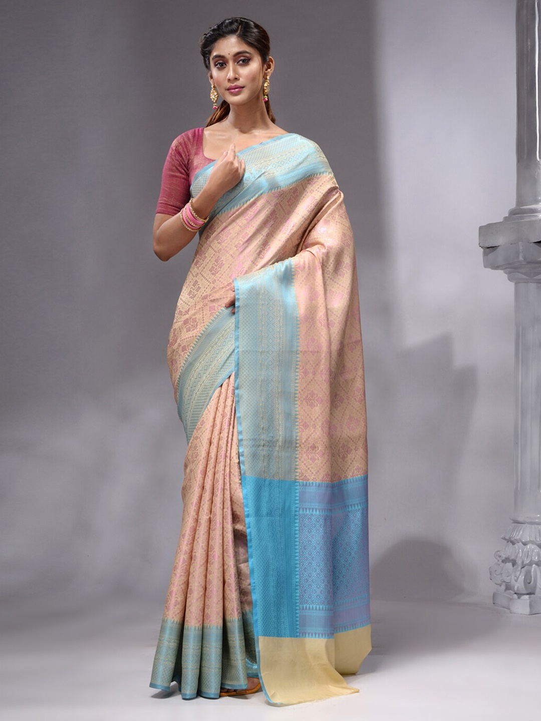 

HOUSE OF BEGUM Ethnic Motif Woven Design Zari Pure Linen Banarasi Saree, Beige