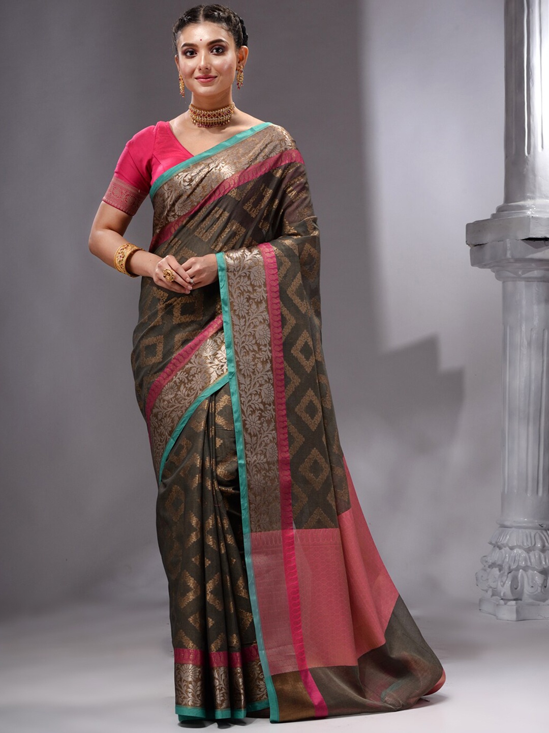 

HOUSE OF BEGUM Ethnic Motifs Woven Design Zari Pure Cotton Banarasi Saree, Brown