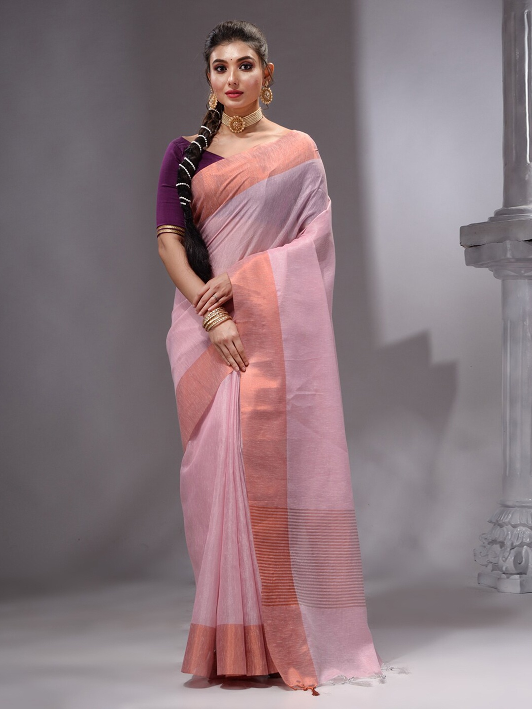 

HOUSE OF BEGUM Zari Border Pure Linen Banarasi Saree, Pink