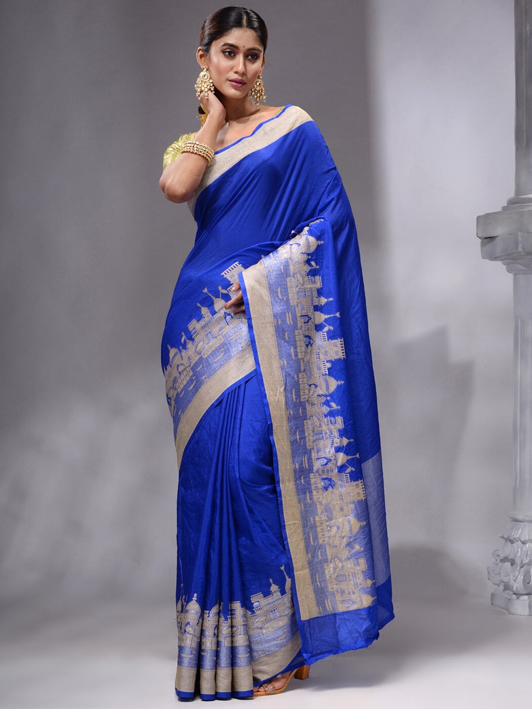 

HOUSE OF BEGUM Woven Design Border Zari Georgette Banarasi Saree, Blue