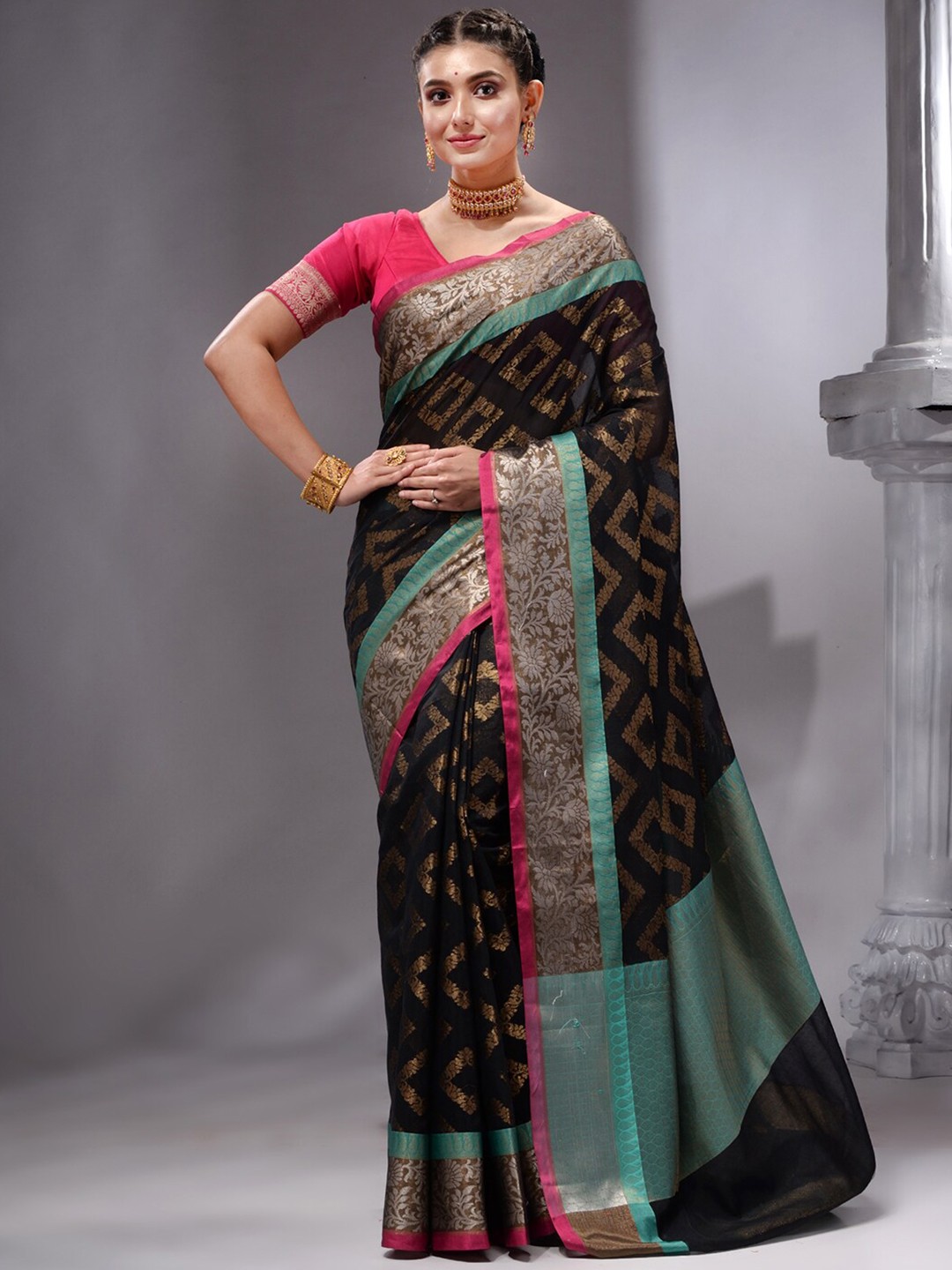 

HOUSE OF BEGUM Ethnic Motifs Woven Design Zari Pure Cotton Banarasi Saree, Black