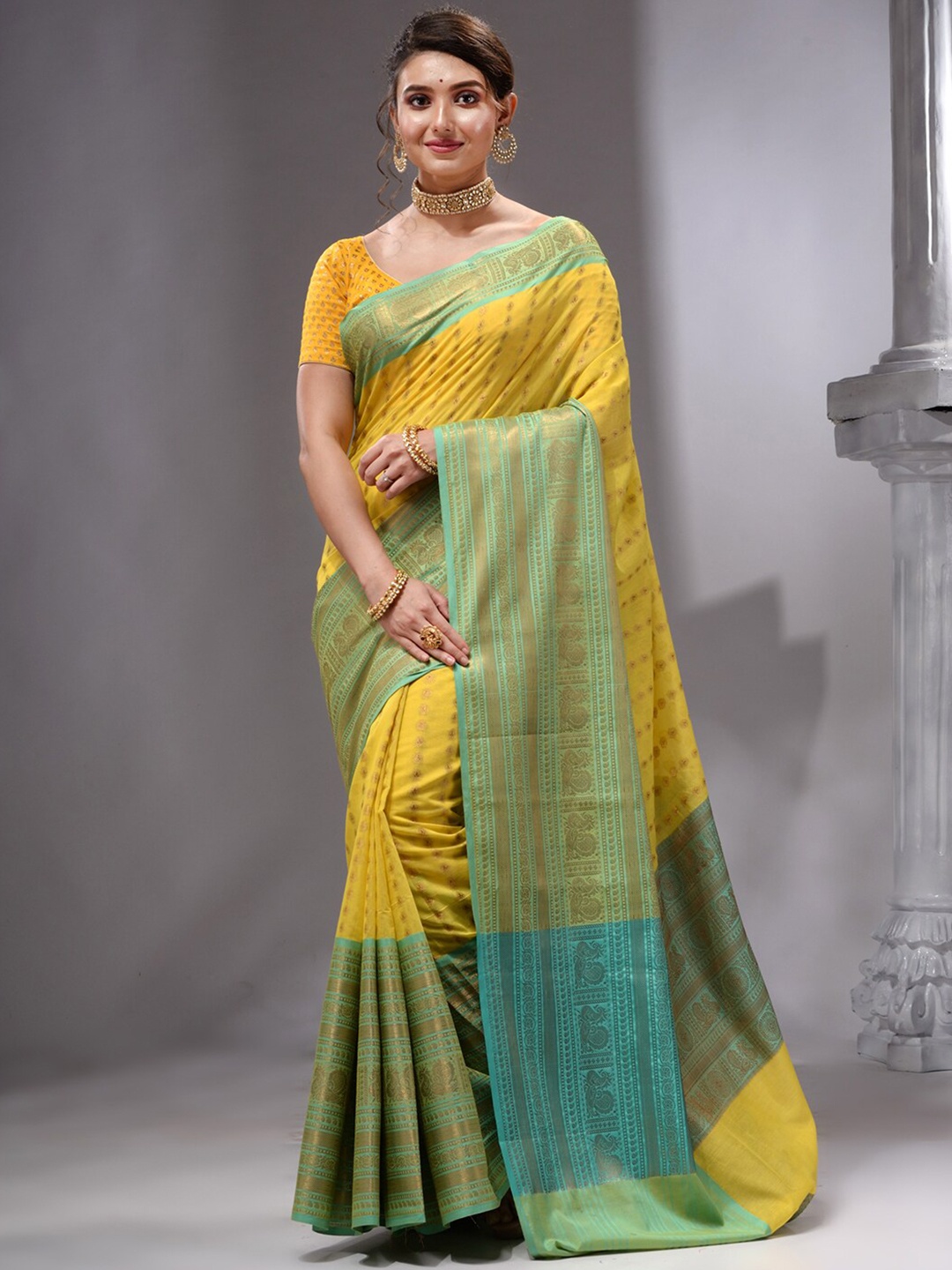 

HOUSE OF BEGUM Ethnic Motifs Woven Design Zari Pure Cotton Banarasi Saree, Yellow