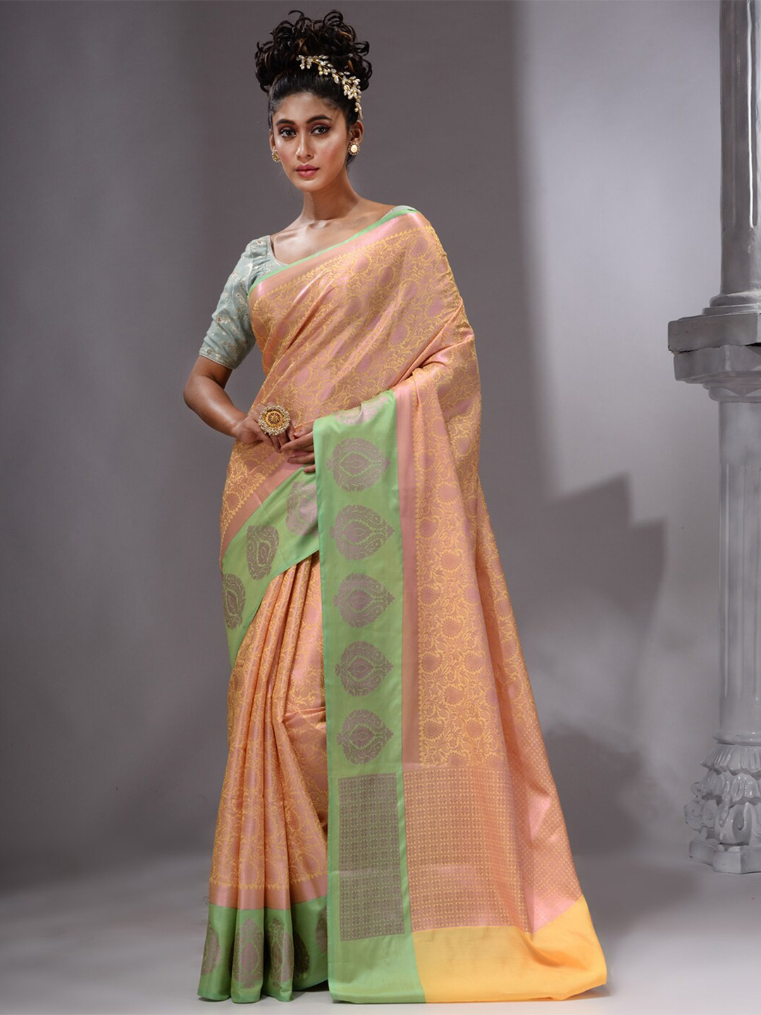 

HOUSE OF BEGUM Ethnic Motifs Woven Design Zari Pure Linen Banarasi Saree, Yellow