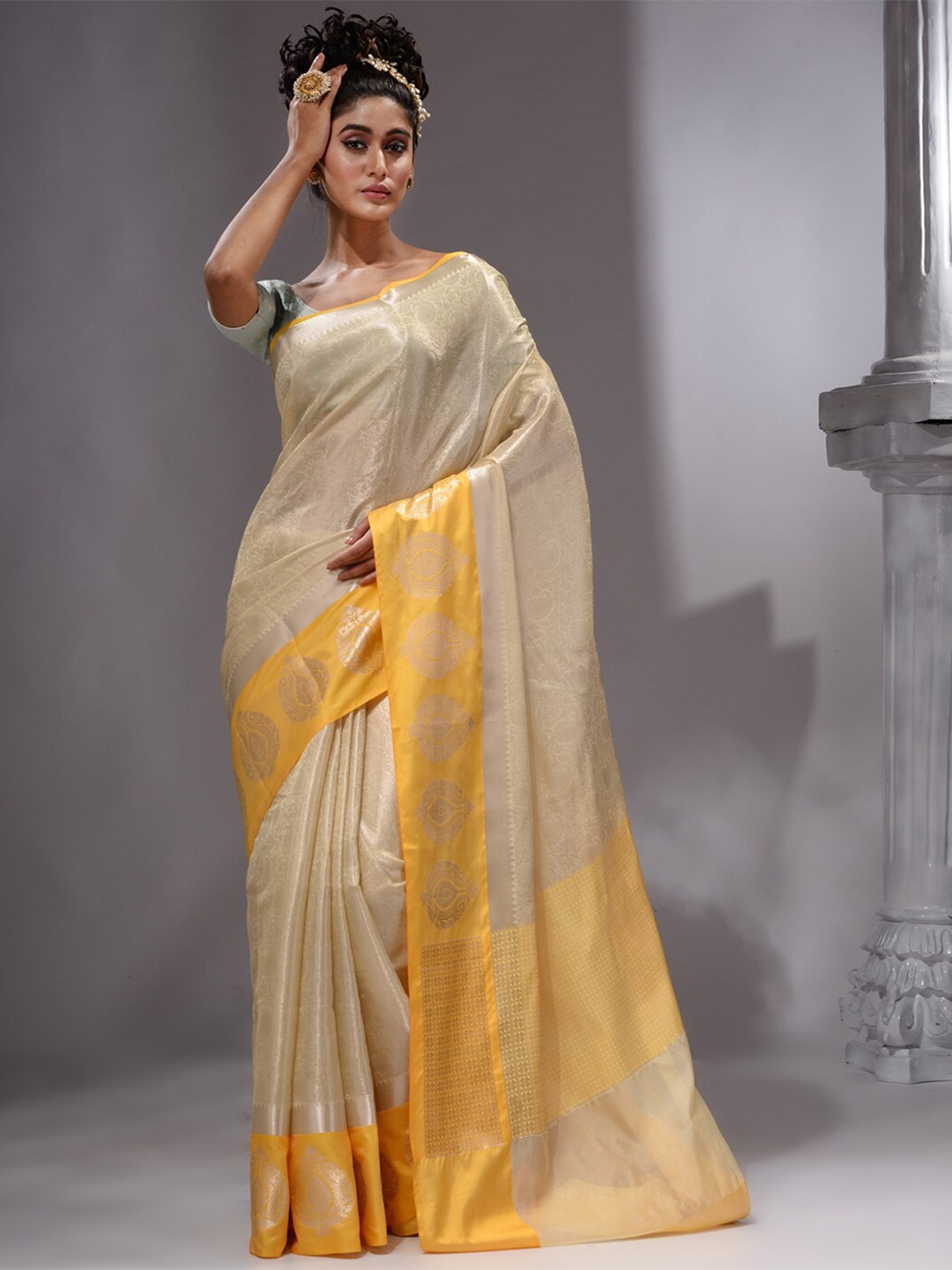 

HOUSE OF BEGUM Ethnic Motifs Woven Design Zari Pure Linen Banarasi Saree, Beige
