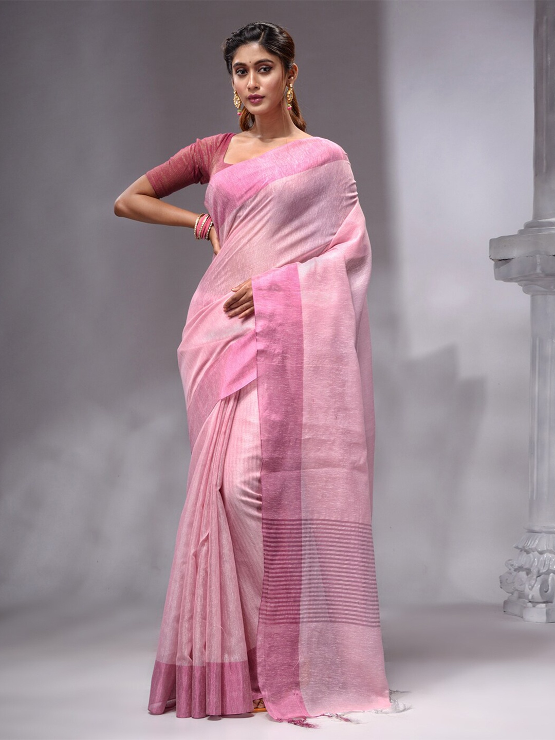

HOUSE OF BEGUM Striped Pure Linen Banarasi Saree, Pink