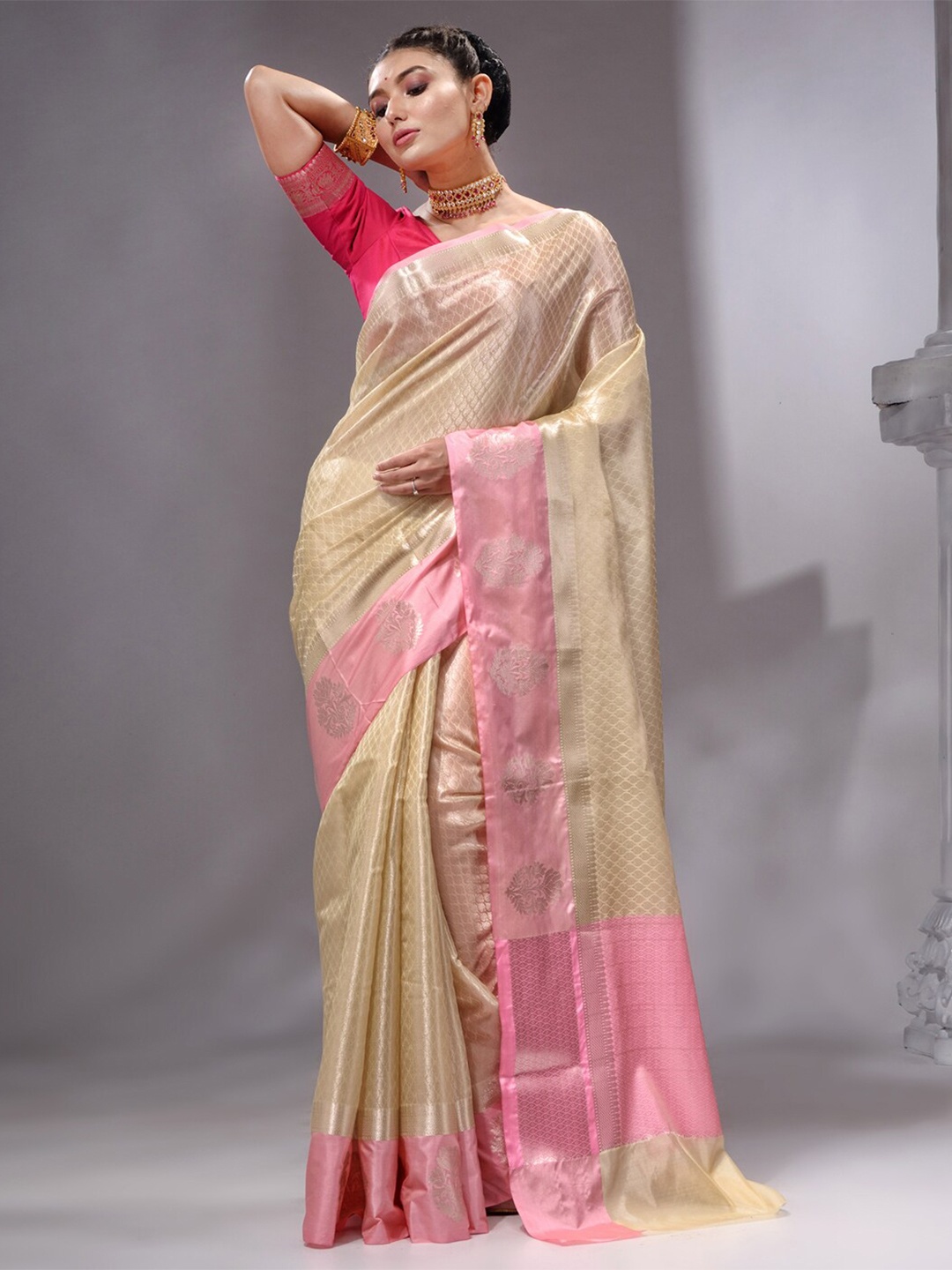 

HOUSE OF BEGUM Ethnic Motif Woven Design Zari Pure Linen Banarasi Saree, Beige