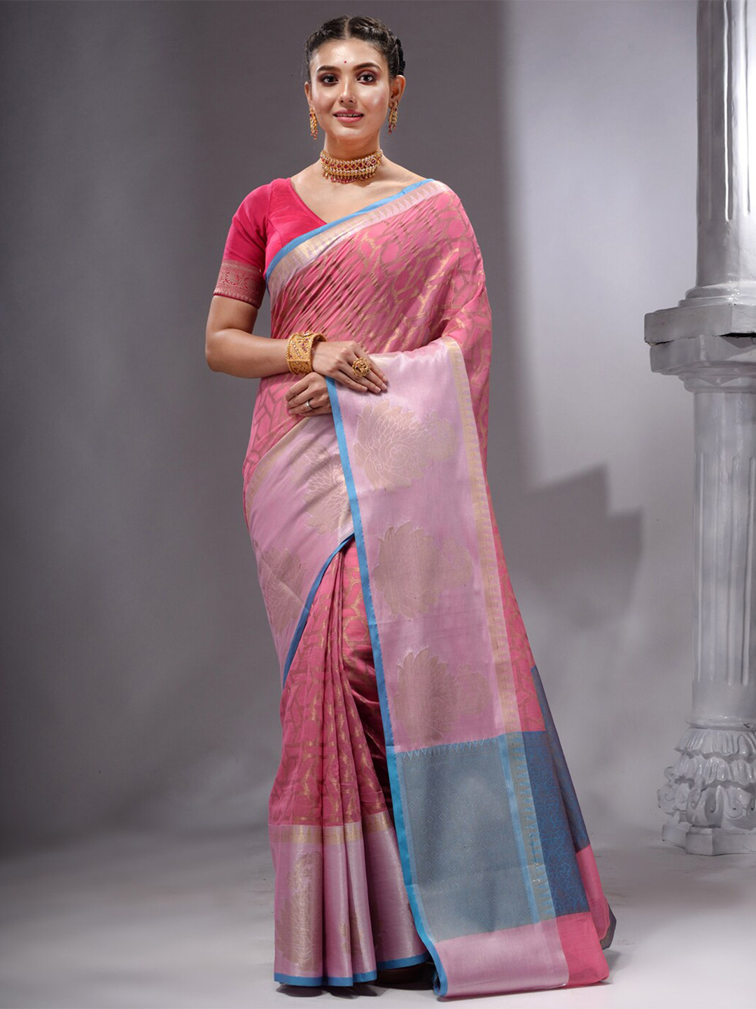 

HOUSE OF BEGUM Woven Design Zari Pure Cotton Banarasi Saree, Pink