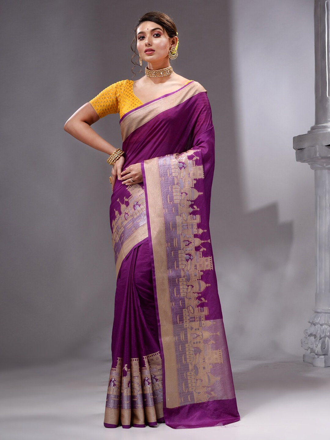 

HOUSE OF BEGUM Ethnic Motif Zari Banarasi Saree, Purple