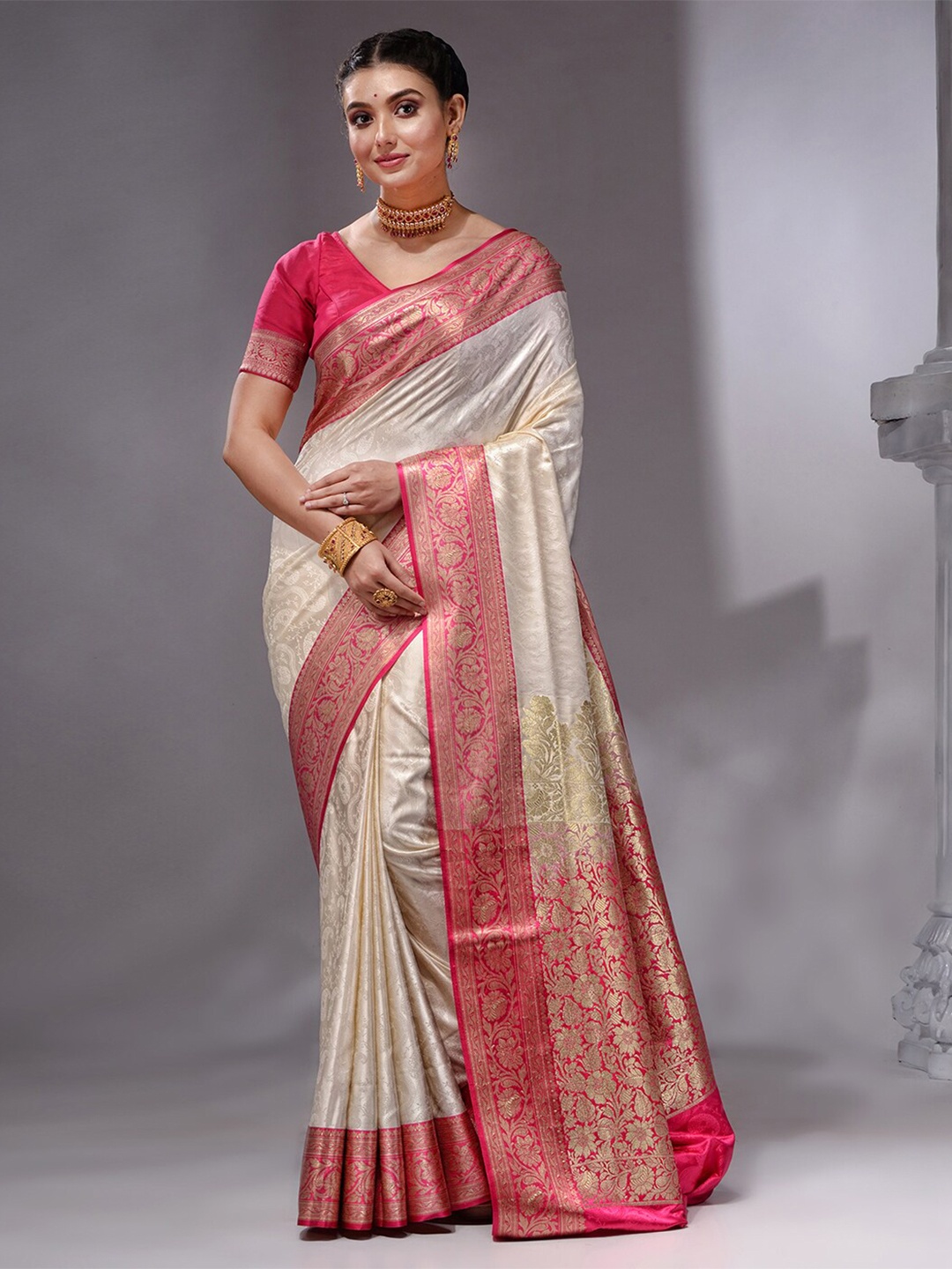 

HOUSE OF BEGUM Ethnic Motifs Woven Design Zari Silk Blend Banarasi Saree, Off white