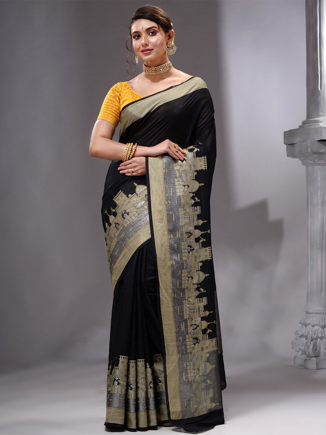 

HOUSE OF BEGUM Woven Design Border Zari Banarasi Georgette Saree, Black
