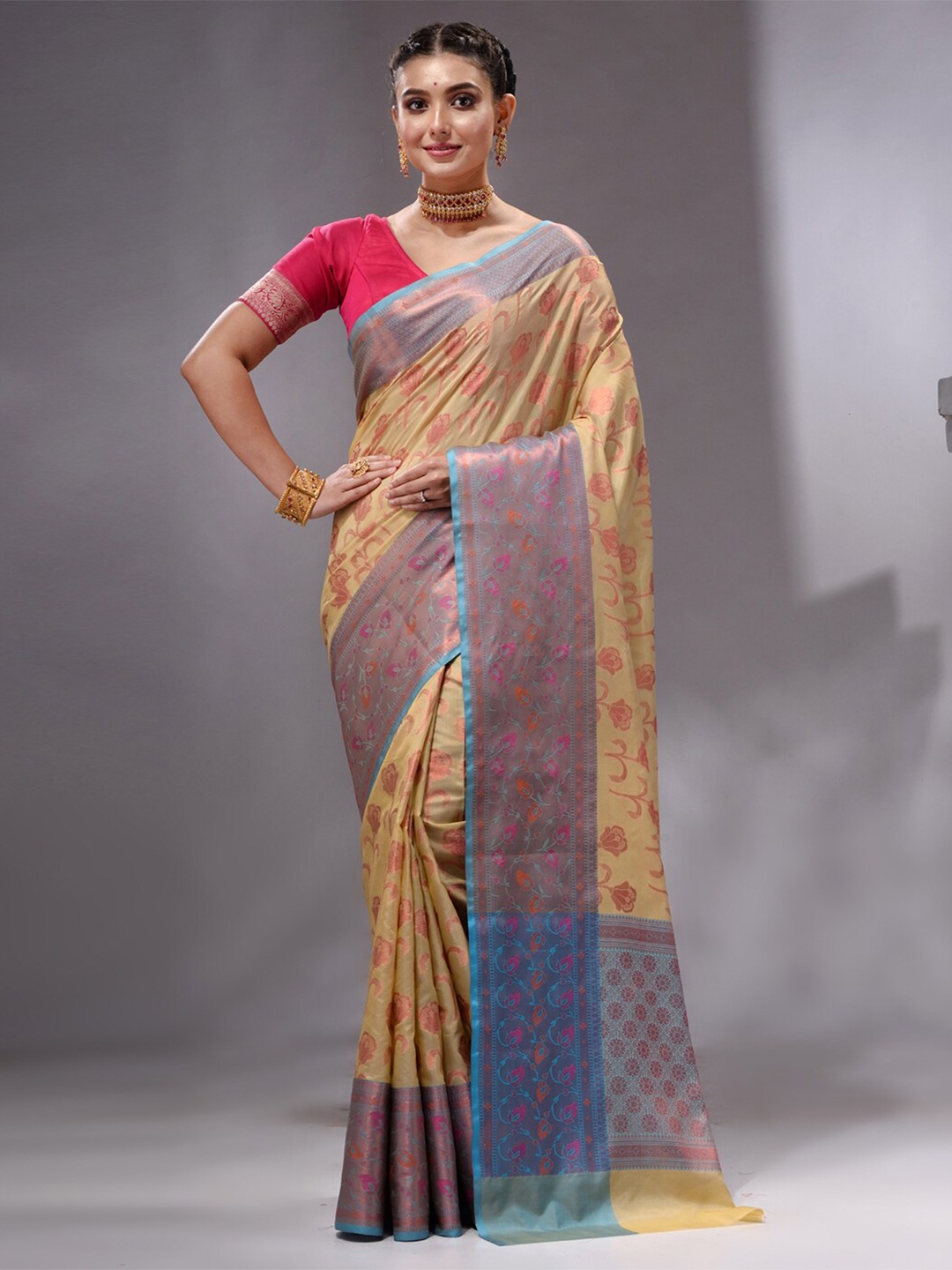 

HOUSE OF BEGUM Floral Woven Design Zari Banarasi Saree, Yellow