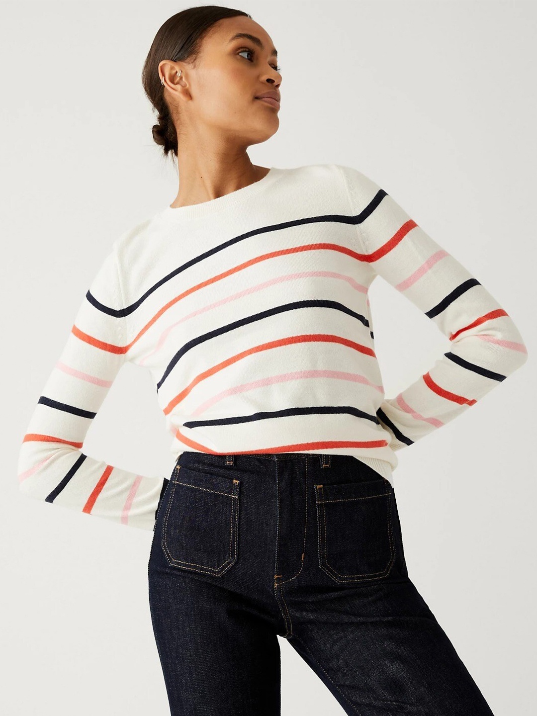 

Marks & Spencer Striped Acrylic Sweater, White