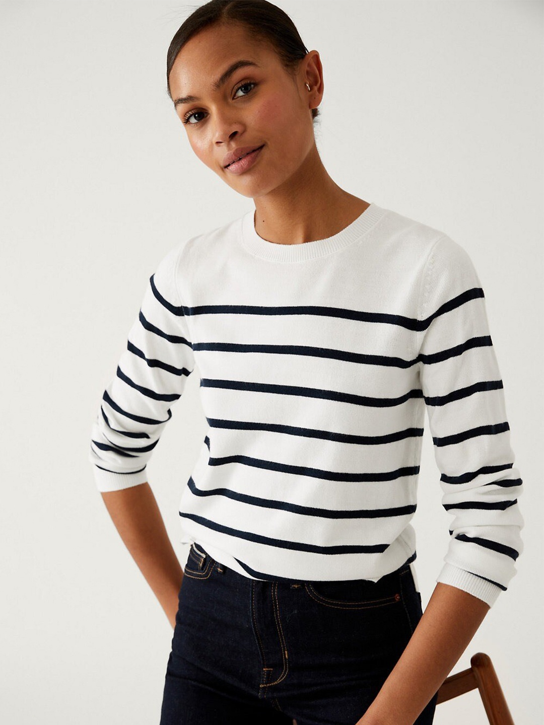 

Marks & Spencer Striped Acrylic Knitted Pullover, White