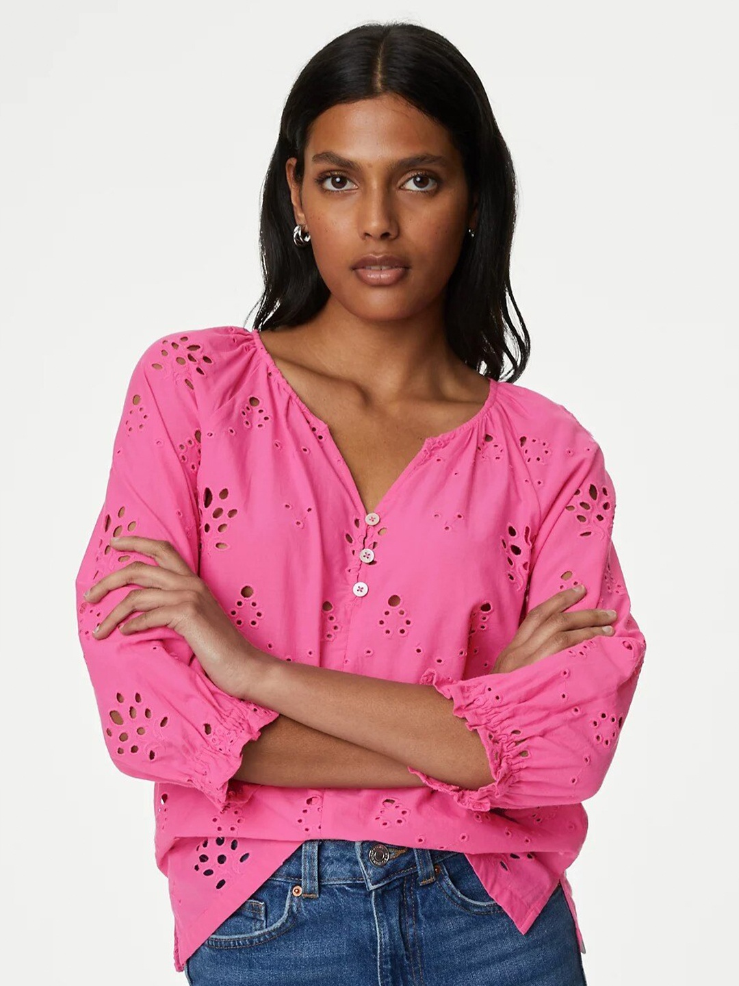 

Marks & Spencer Self Design Puff Sleeves Pure Cotton Top, Pink