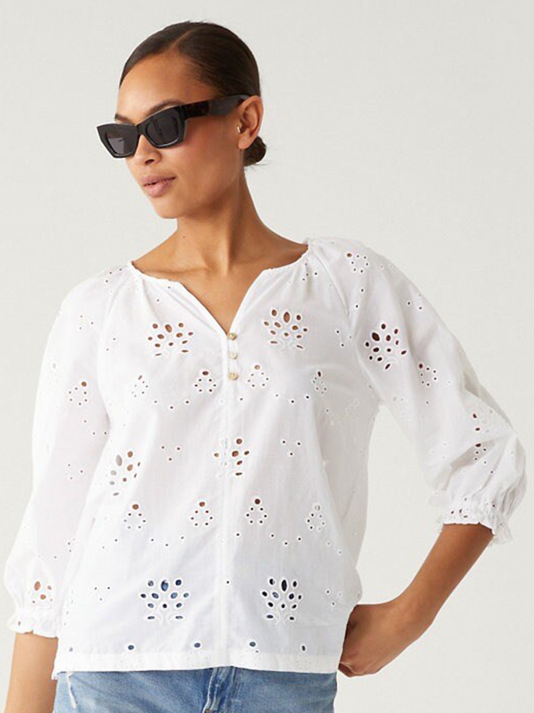 

Marks & Spencer Self Design Puff Sleeves Pure Cotton Top, White