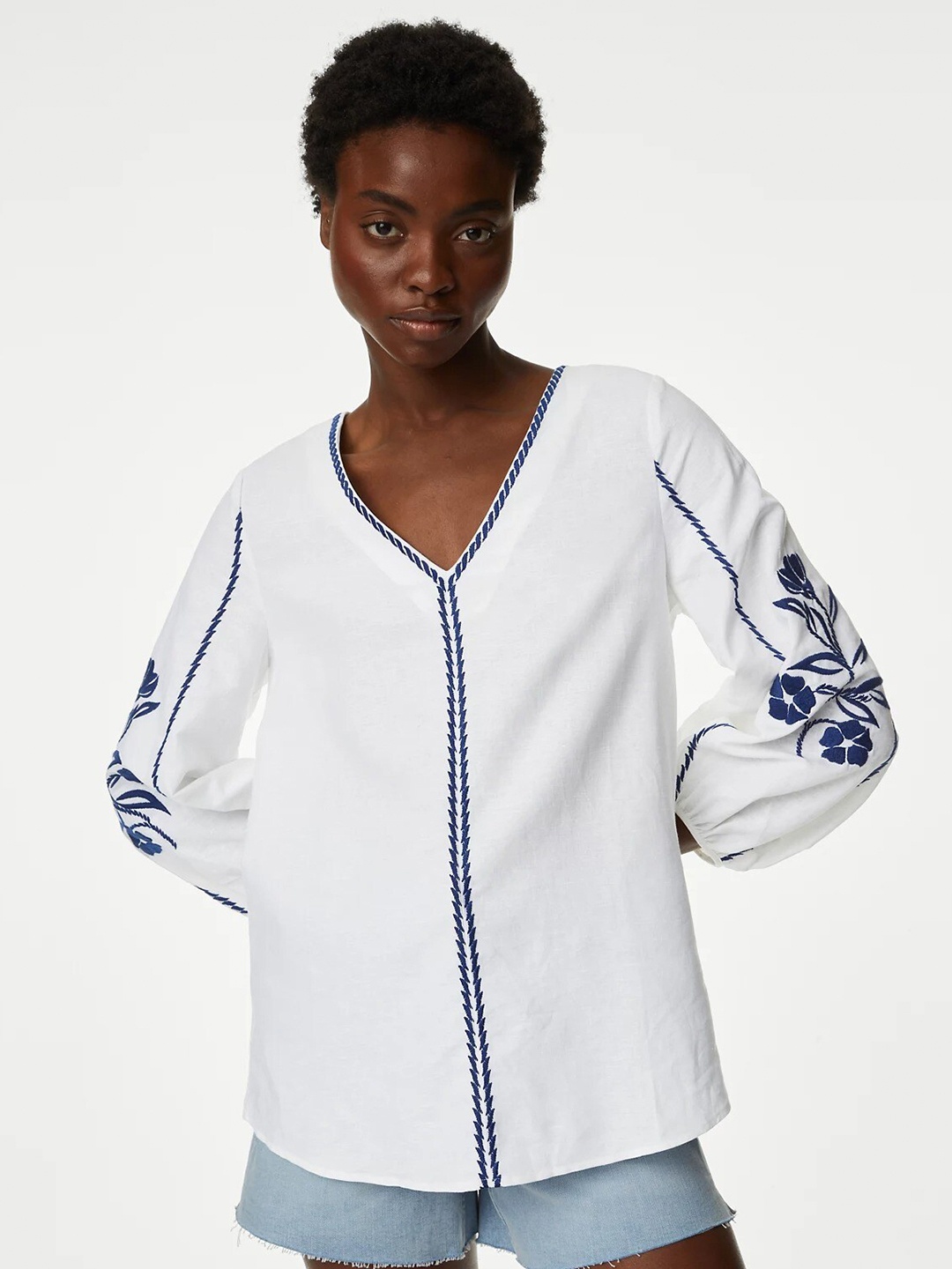 

Marks & Spencer V-Neck Embroidered Linen Cotton Top, White
