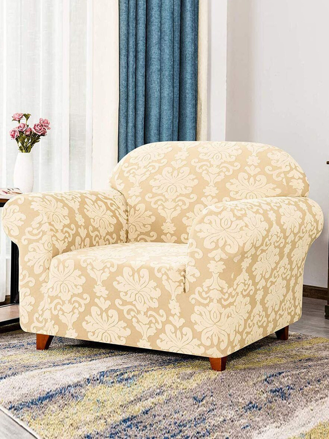 

HOUSE OF QUIRK Universal Beige Ethnic Motifs-Printed 1-Seater Sofa Cover, Gold