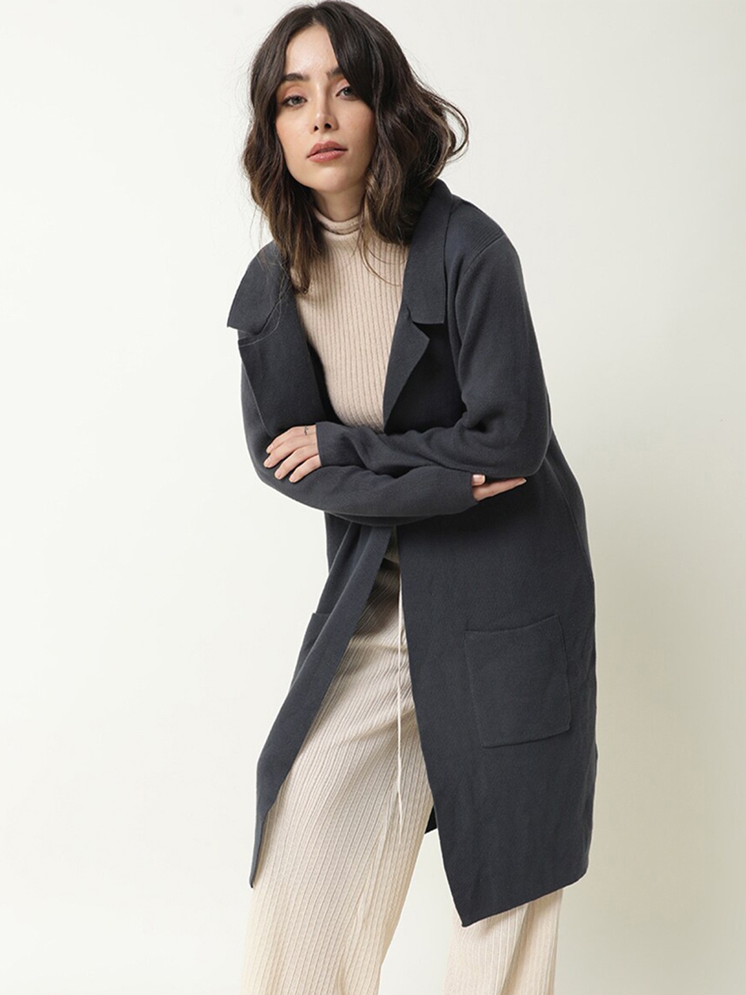 

RAREISM Cotton Longline Front Open Sweater, Grey