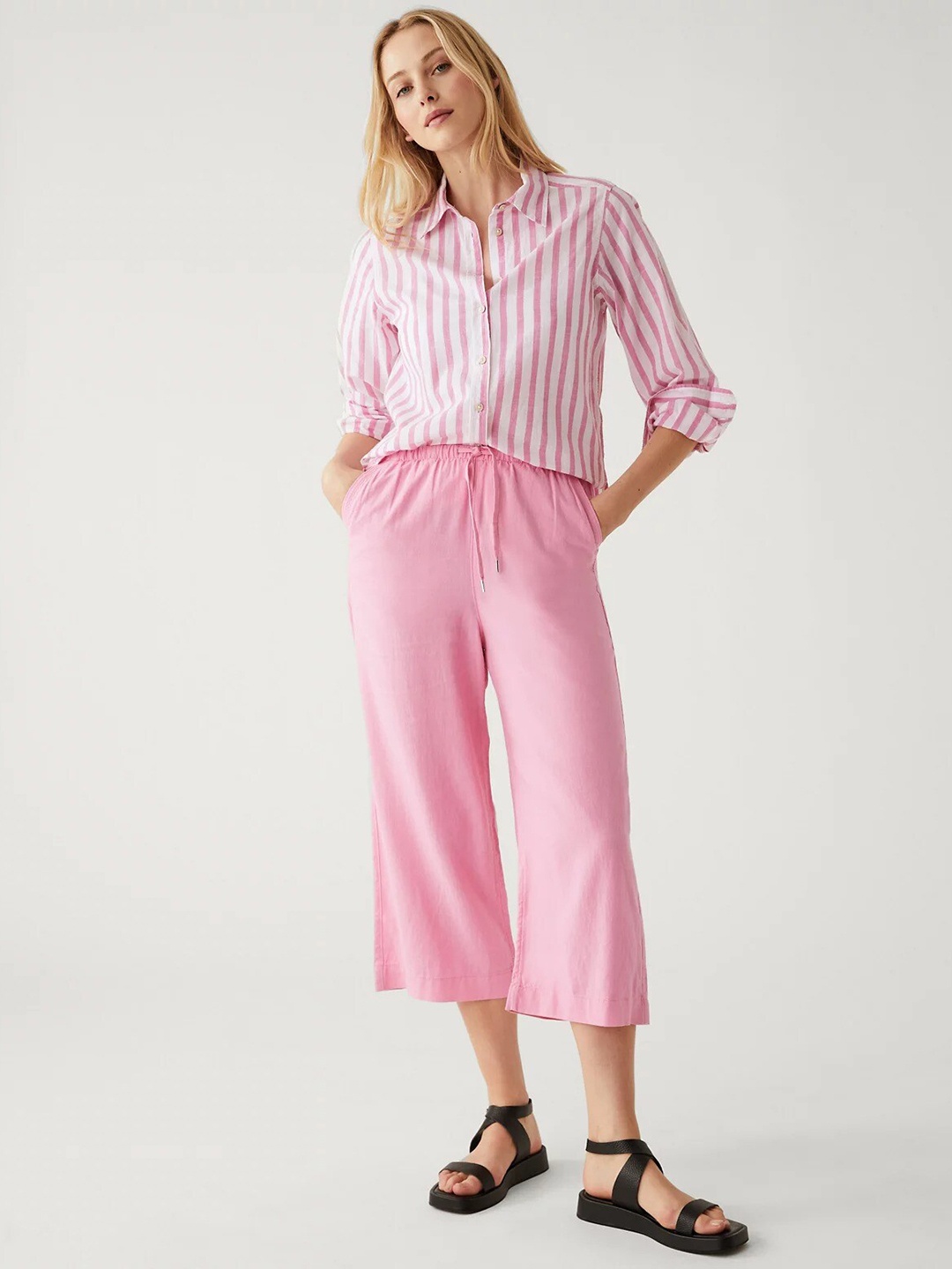 

Marks & Spencer Women Straight Fit High-Rise Trousers, Pink