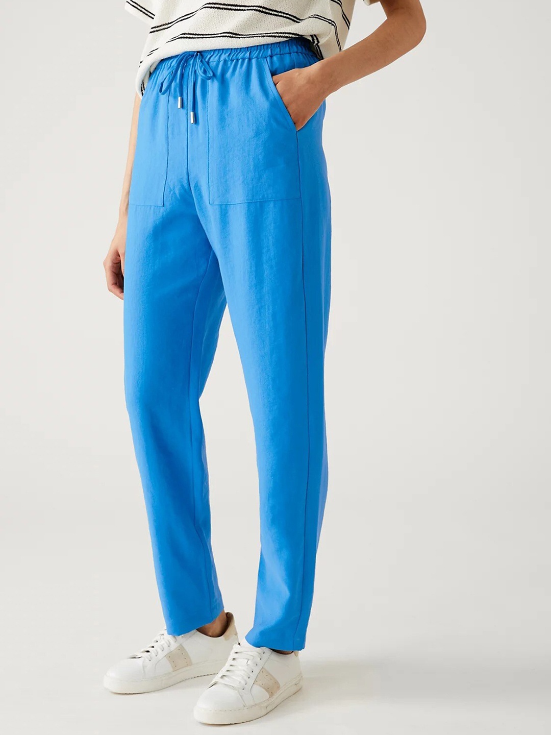 

Marks & Spencer Women Tapered Fit High-Rise Trousers, Blue