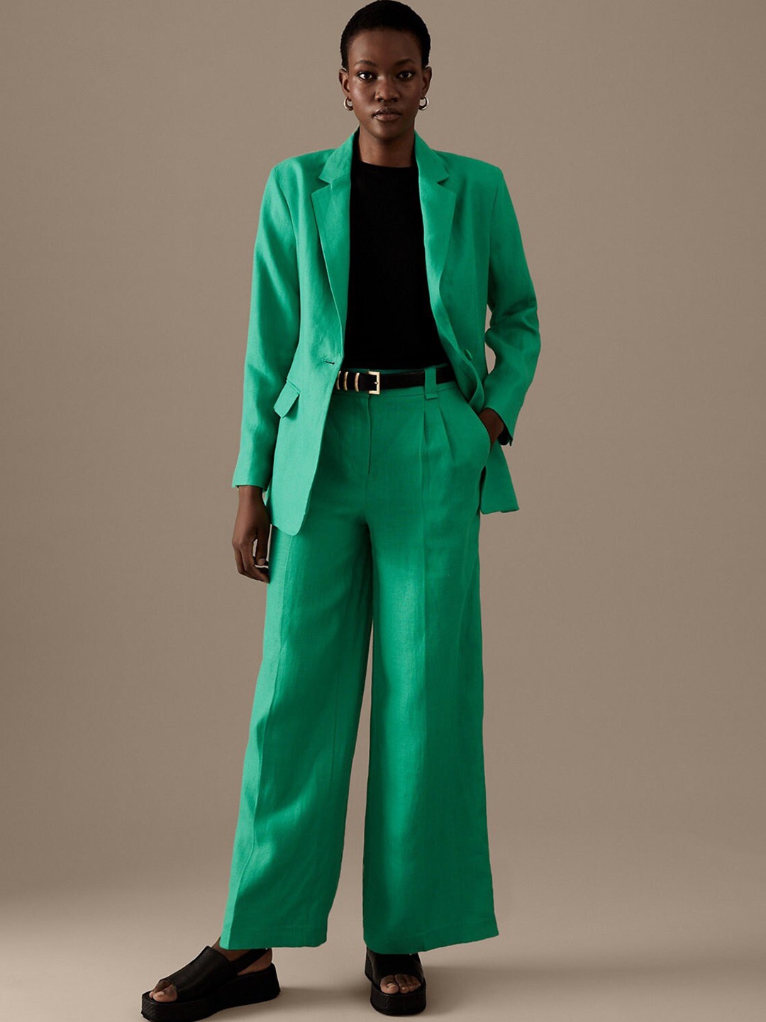 

Marks & Spencer Women Straight Fit High-Rise Pure Linen Pleated Trousers, Green