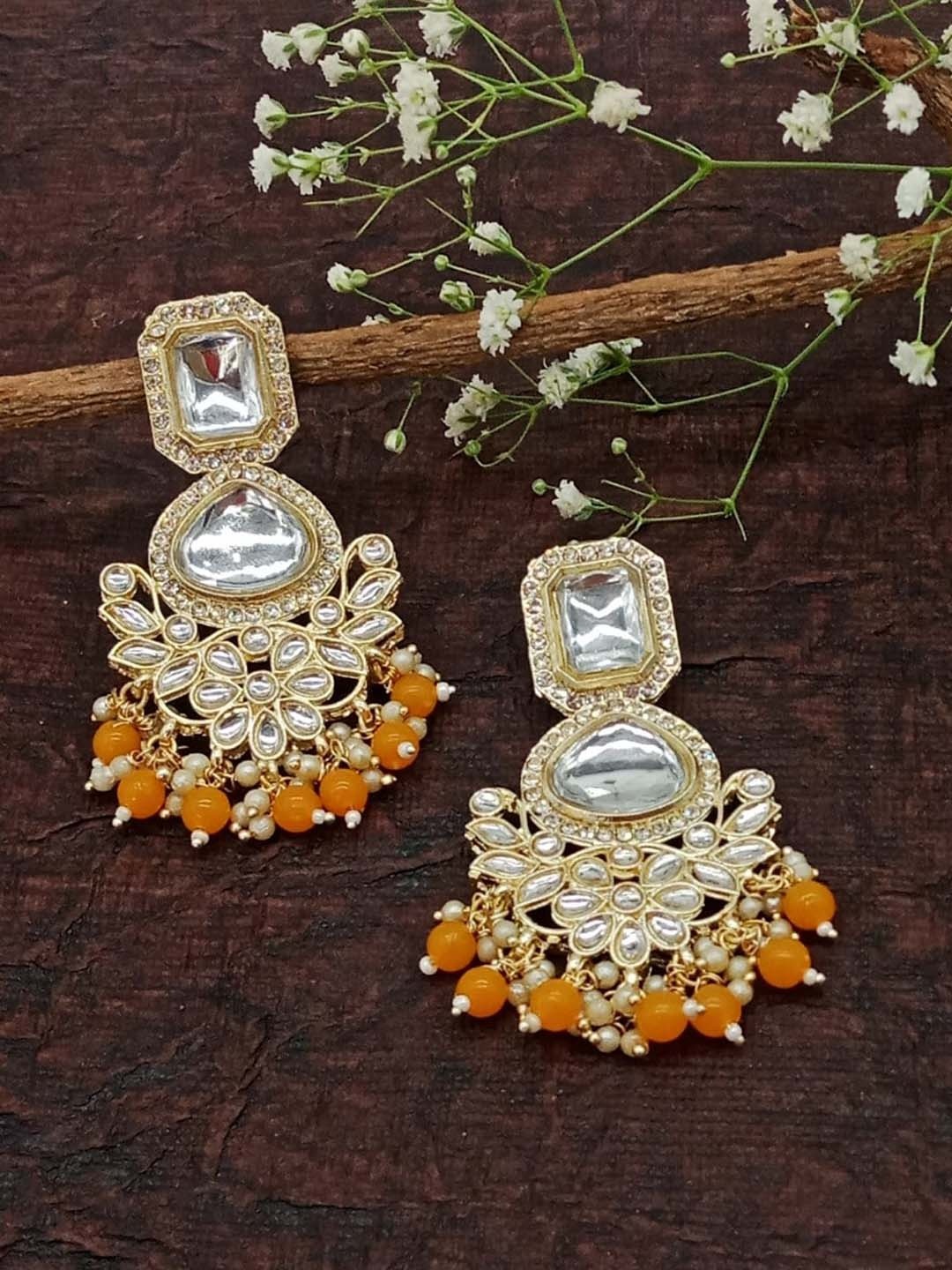 

AASHISH IMITATION Gold Plated Contemporary Kundan Studded & Beaded Drop Earrings