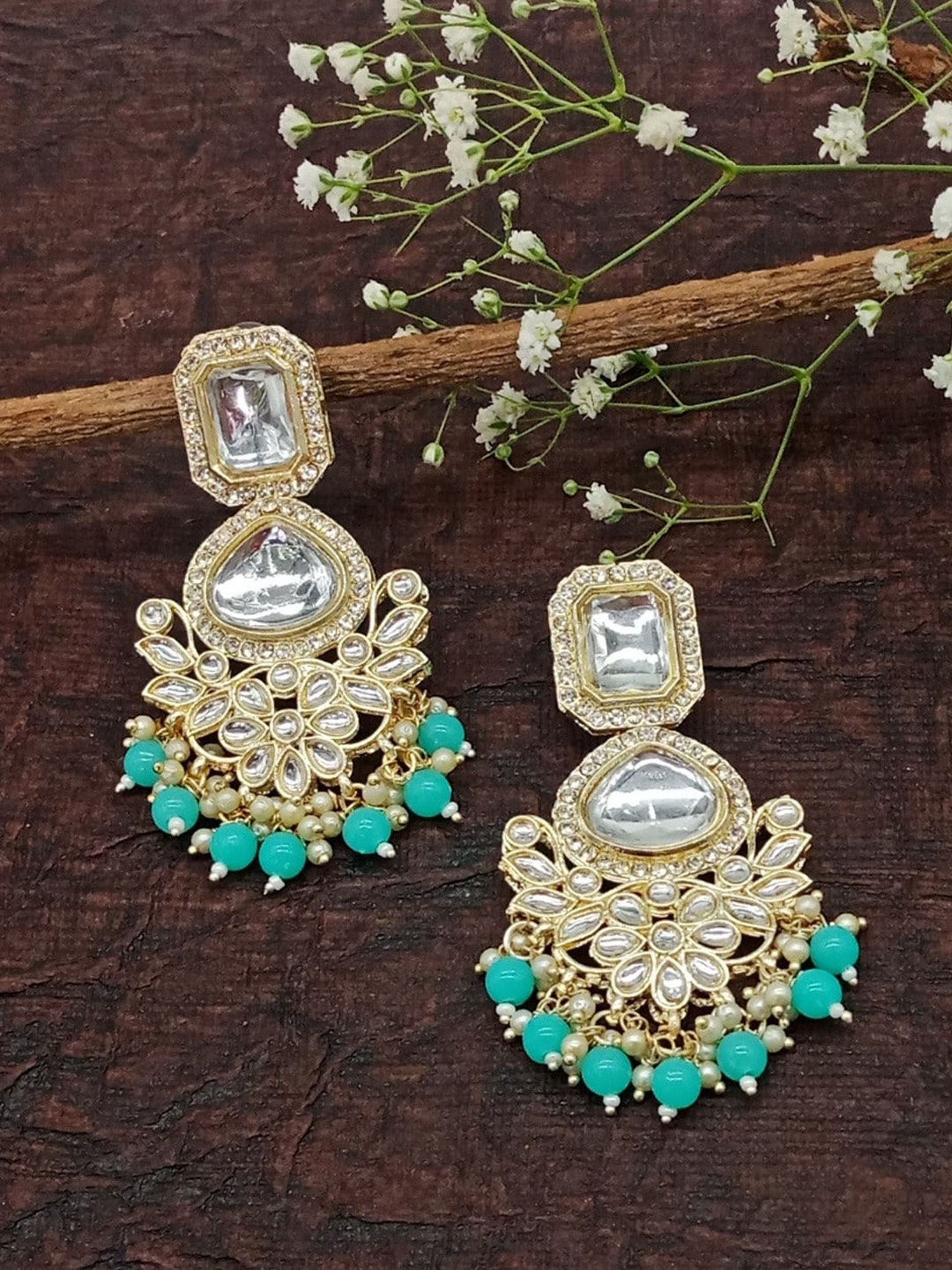 

AASHISH IMITATION Gold Plated Contemporary Kundan Studded & Beaded Drop Earrings