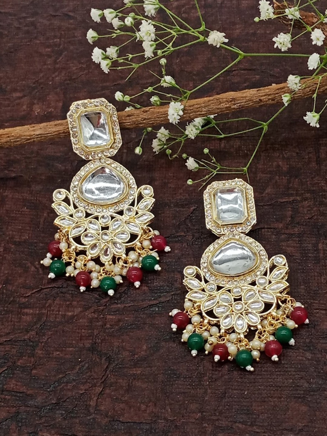 

AASHISH IMITATION Gold Plated Contemporary Kundan Studded & Beaded Drop Earrings