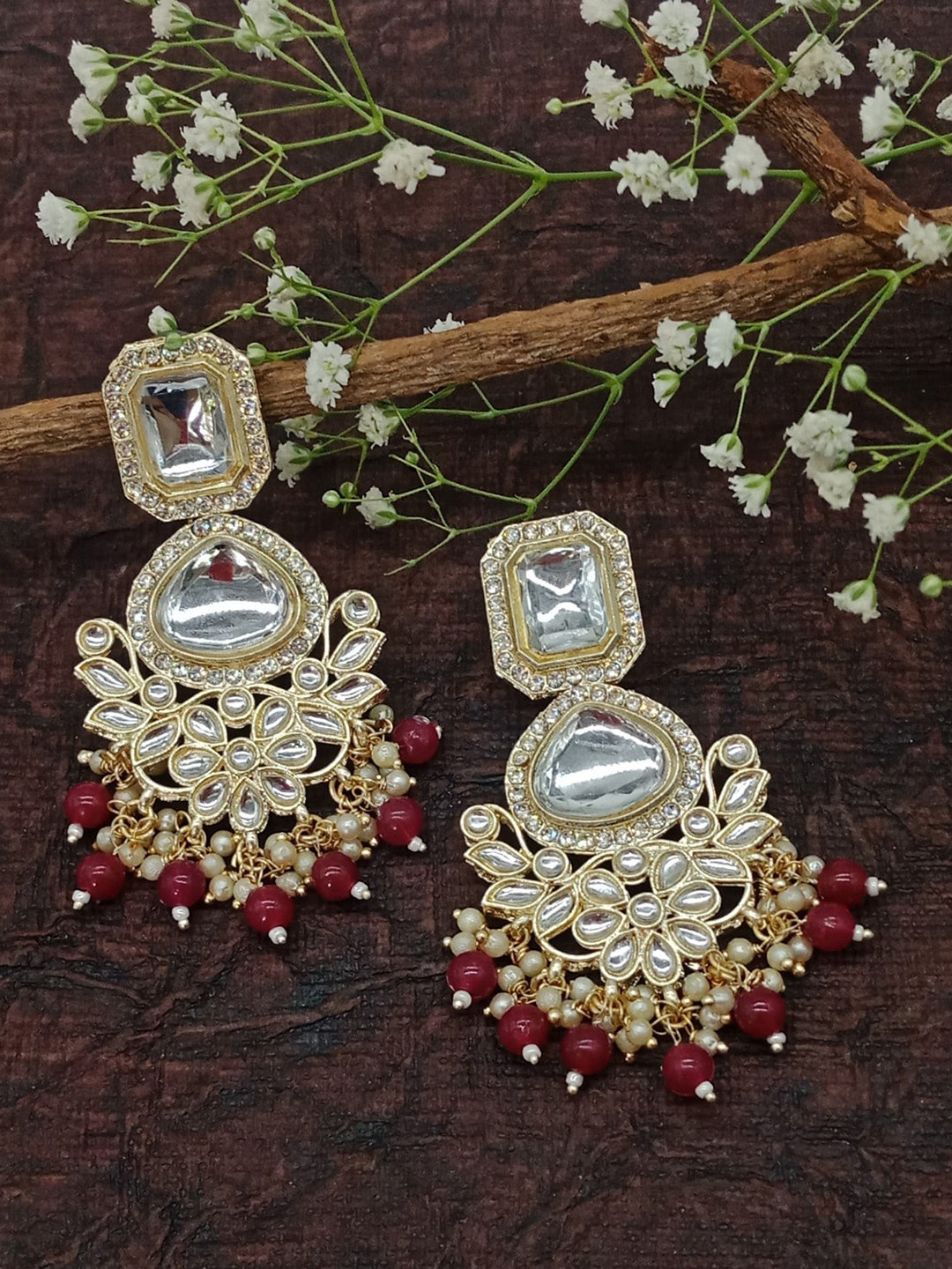 

AASHISH IMITATION Gold Plated Contemporary Kundan Studded & Beaded Drop Earrings