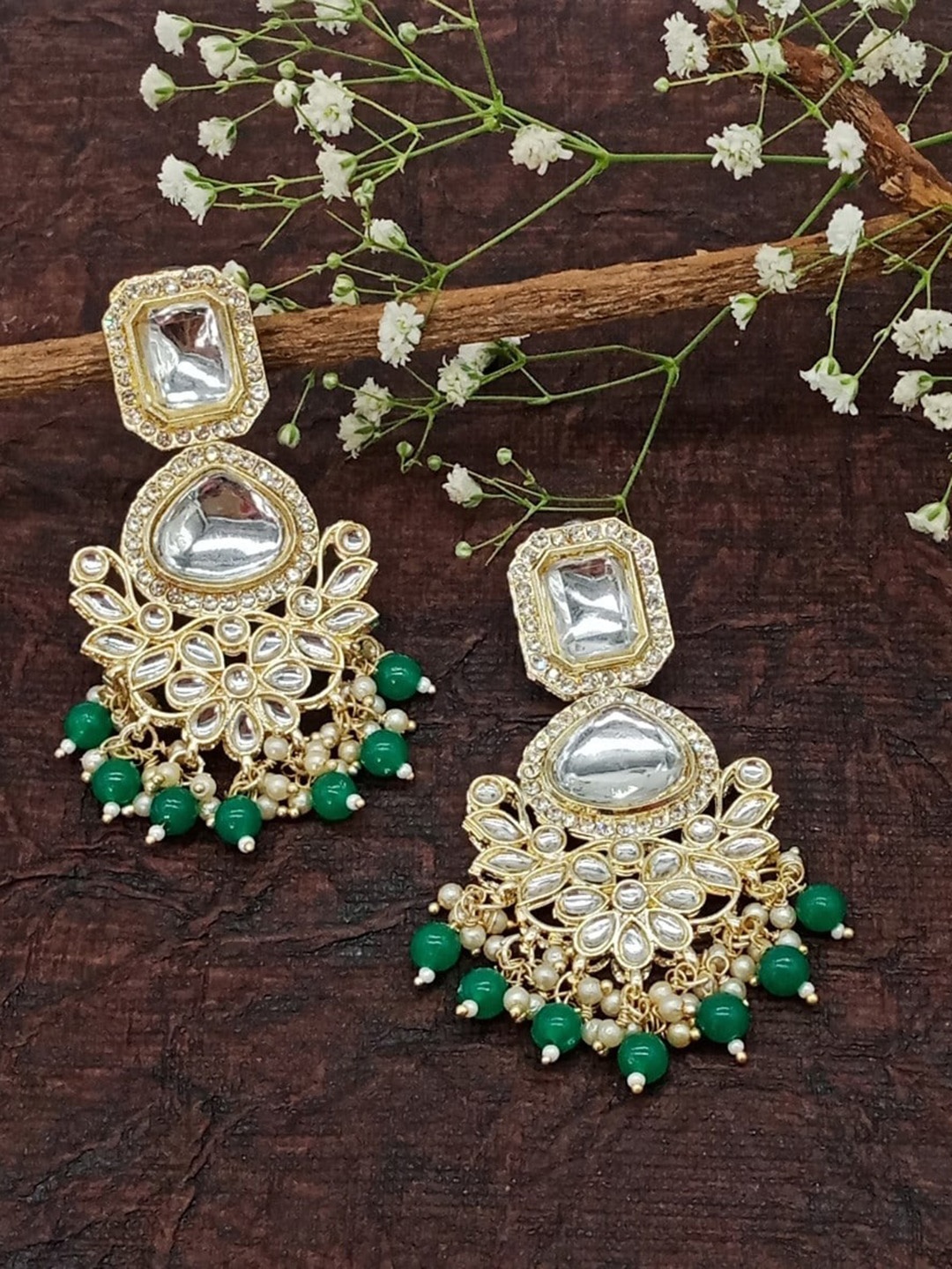 

AASHISH IMITATION Gold Plated Contemporary Kundan Studded & Beaded Drop Earrings