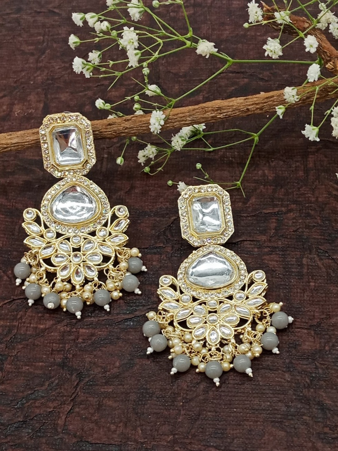 

AASHISH IMITATION Gold Plated Contemporary Kundan Studded & Beaded Drop Earrings