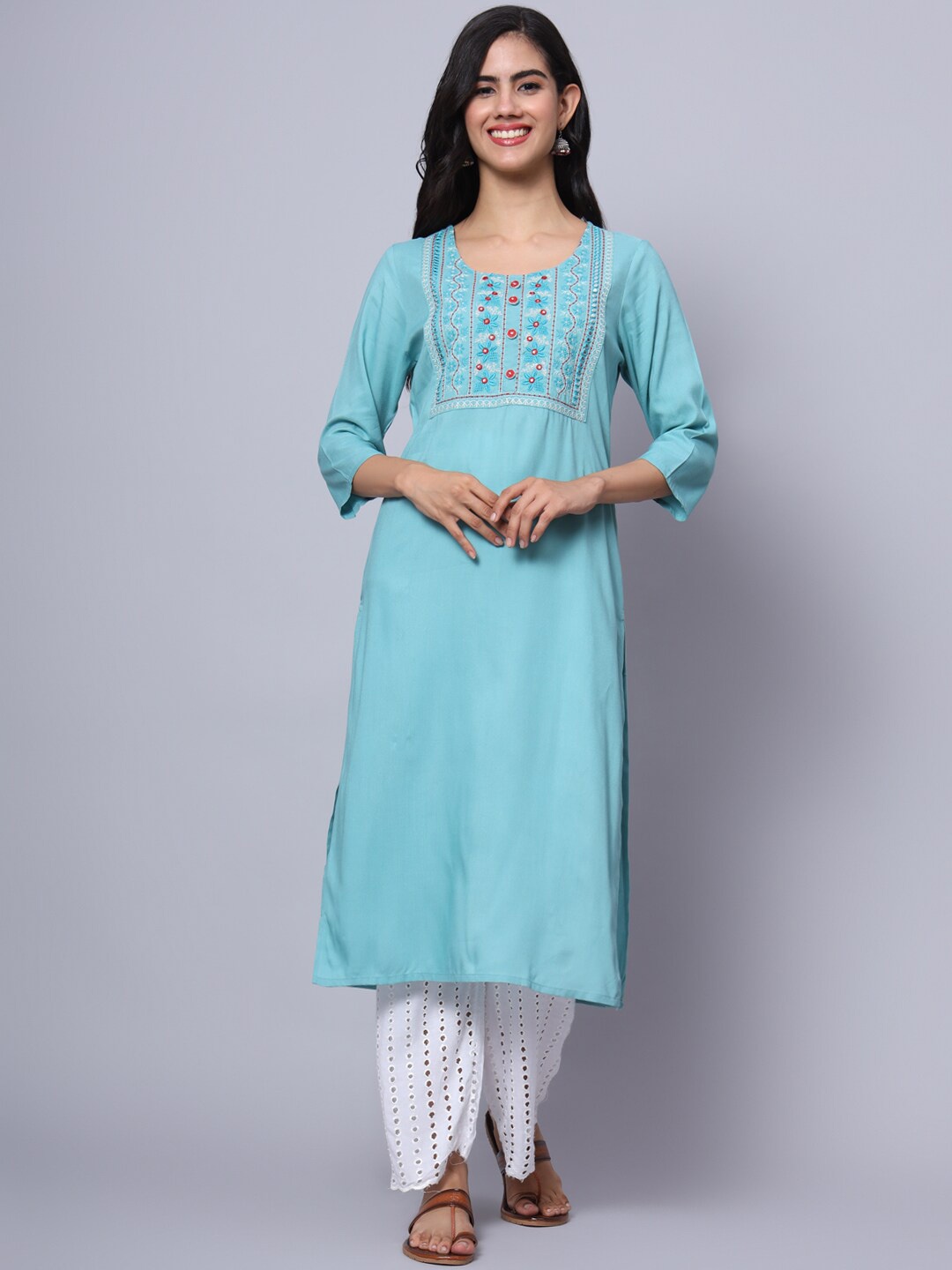 

PREKSHA Floral Embroidered Thread Work Straight Kurta, Blue
