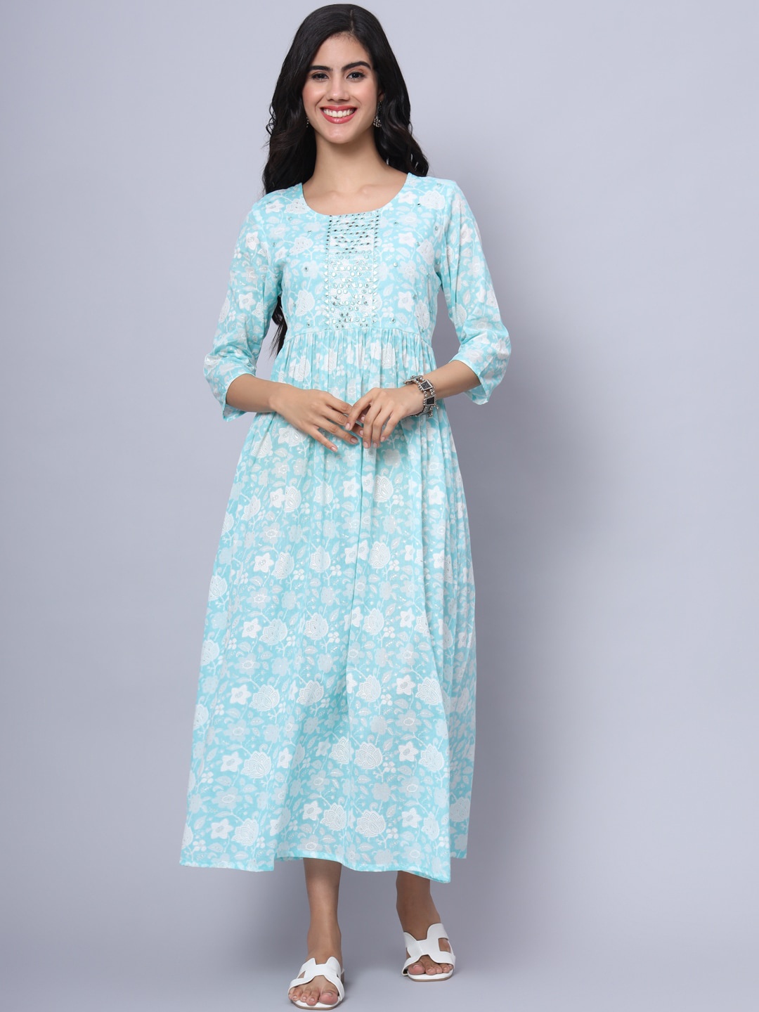 

PREKSHA Floral Printed Sequinned Fit & Flare Midi Ethnic Dresses, Blue