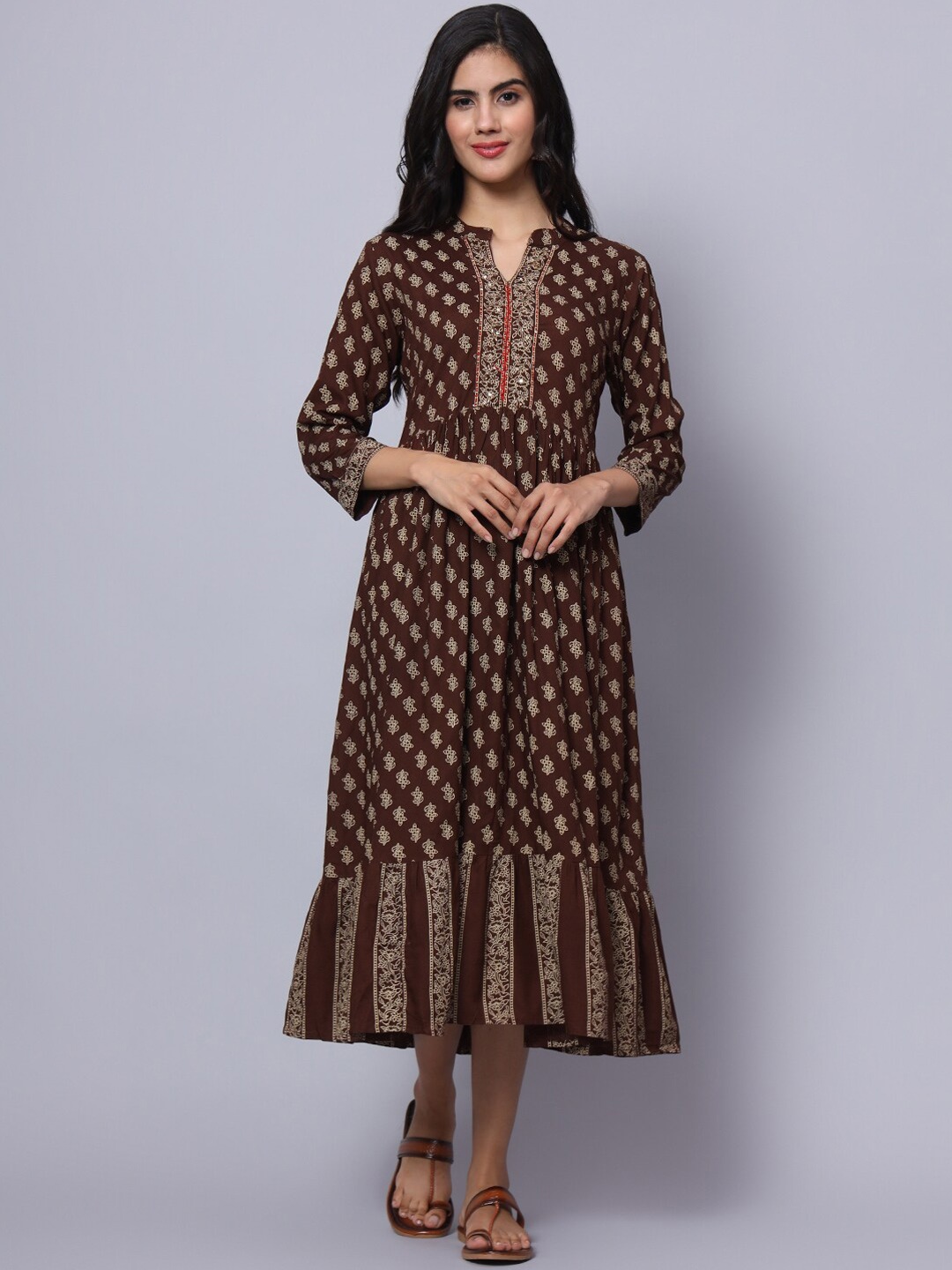 

PREKSHA Floral Printed Mandarin Collar Fit & Flare Midi Ethnic Kurta, Brown