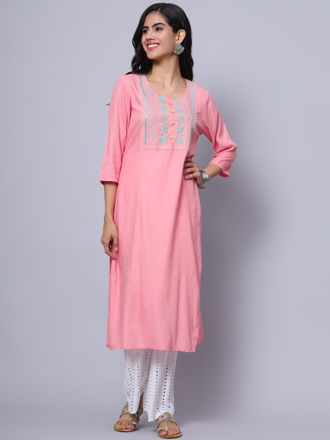 

PREKSHA Floral Embroidered Thread Work Straight Kurta, Pink