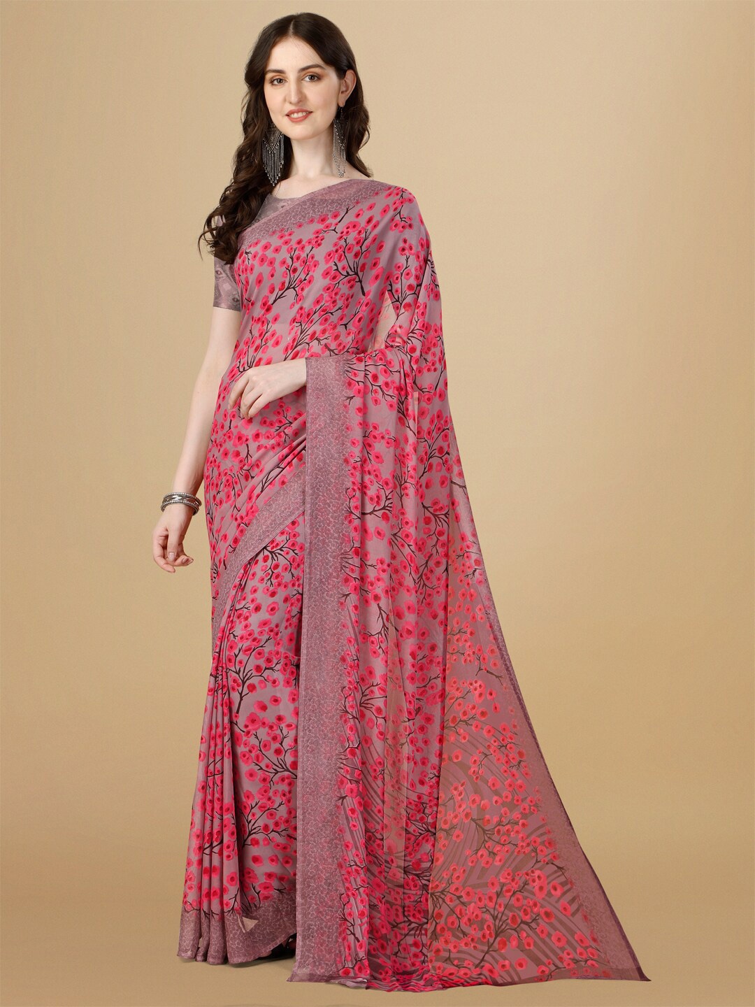 

Sangria Coral & Pink Floral Printed Pure Georgette Saree