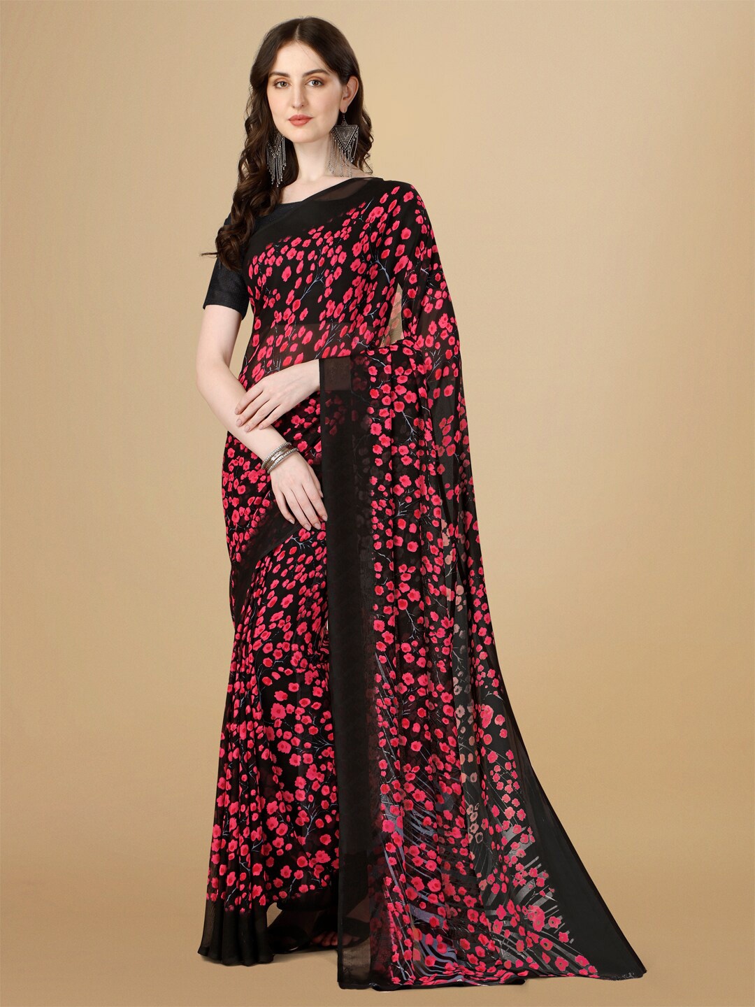 

Sangria Black & Pink Floral Printed Pure Georgette Saree