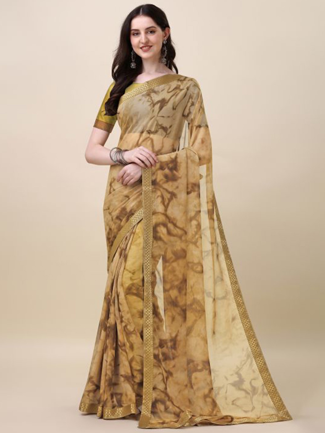 

Sangria Mustard Yellow & Gold-Toned Abstract Printed Pure Chiffon Saree