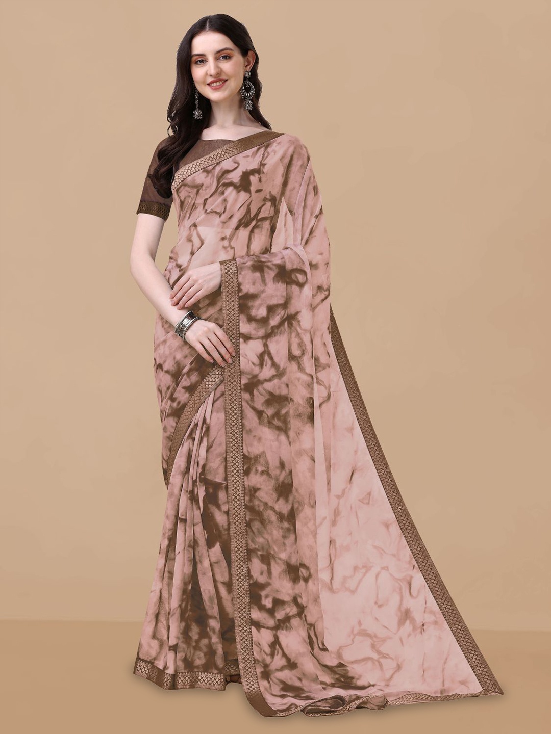 

Sangria Brown & Pink Abstract Printed Pure Chiffon Saree